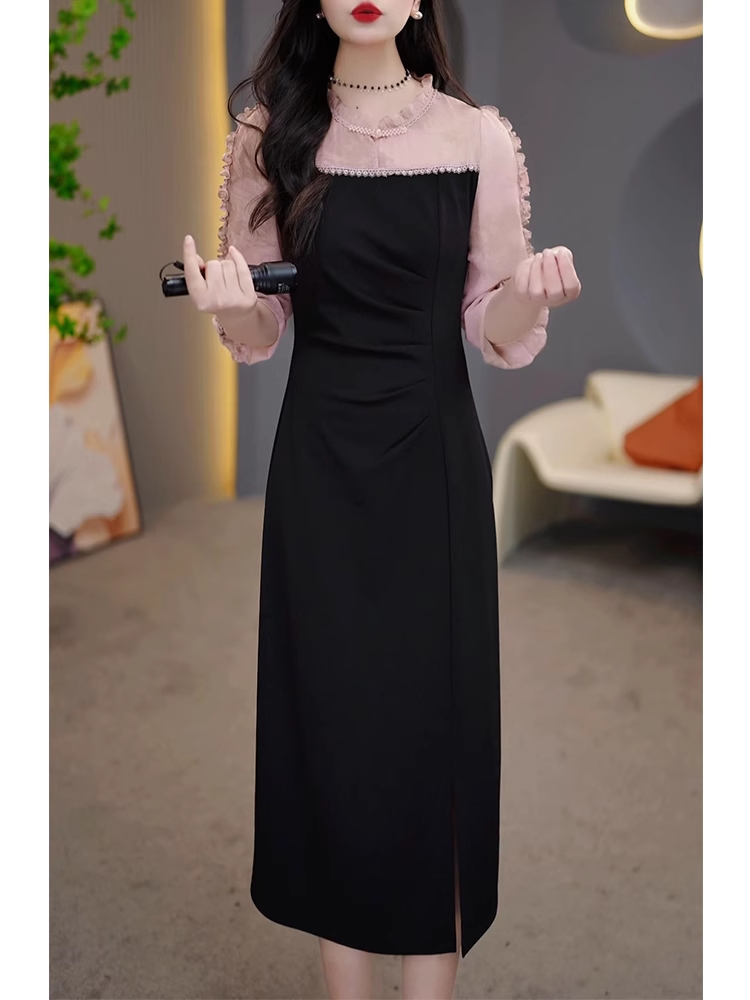 16473-Đầm suông xẻ tà phối tay voan hồng cổ kết nút tàu ( thun  poly 2 da, voan)_thumbnail_0