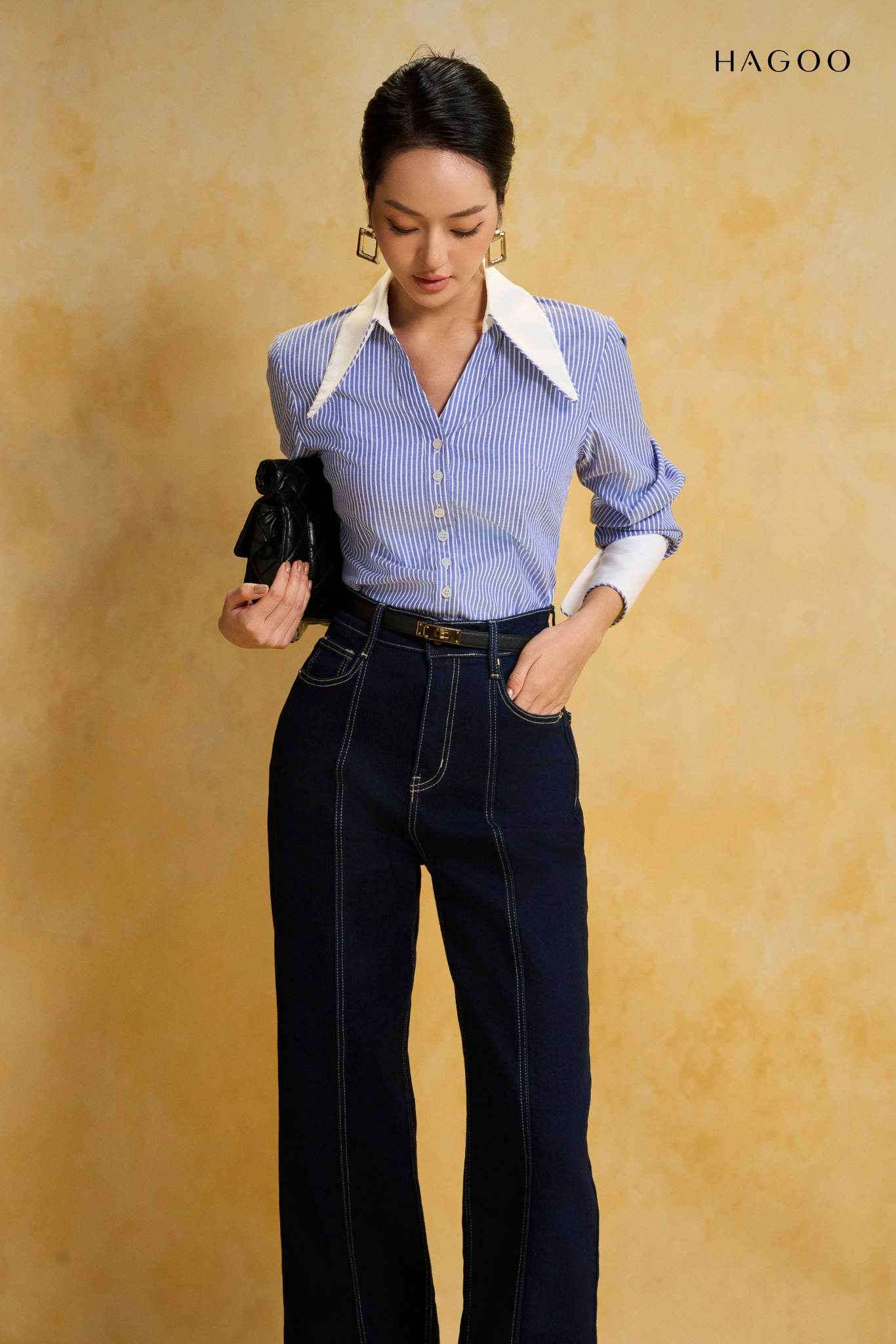 Áo sơ mi sọc cổ nhọn phối cổ trắng HAGOO_thumbnail_3