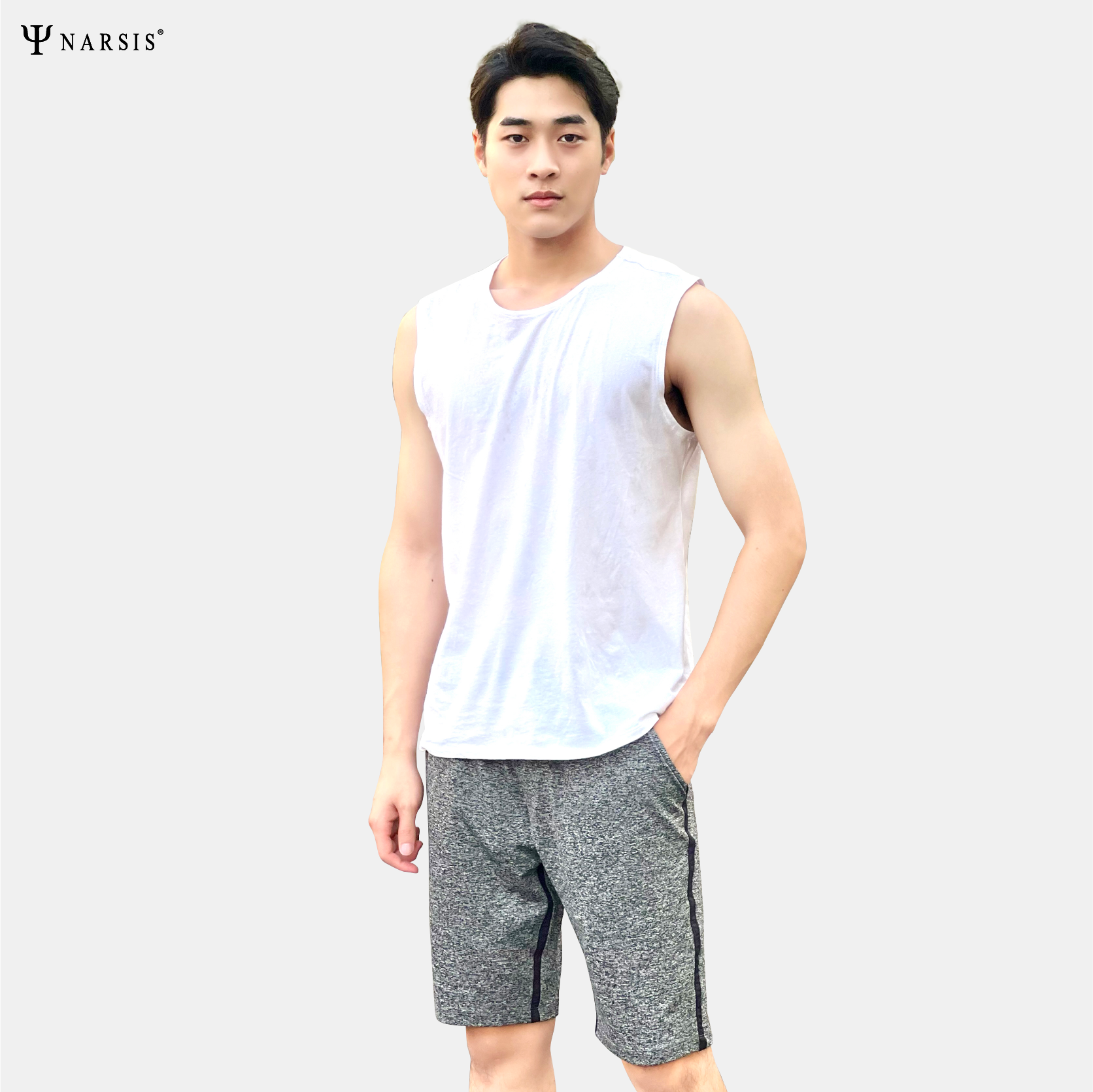 QUẦN ĐÙI NAM GHI XƯỚC NARSIS CHẤT LIỆU COTTON CẠP CHUN CO GIÃN THOẢI MÁI S23015 NARSIS VẢI POLYES...