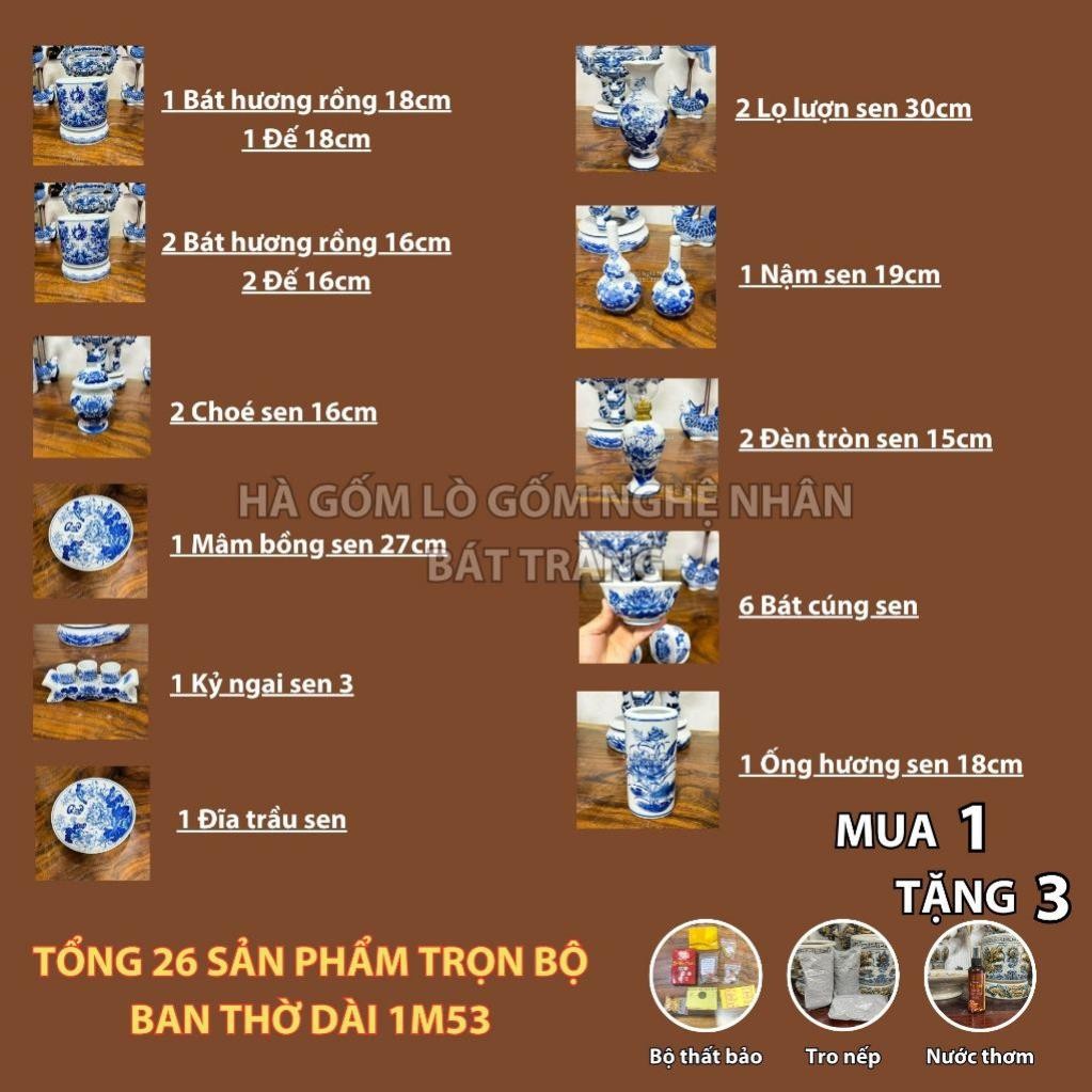 HG270 Đồ Thờ Cúng Bộ 26 món ban thờ 1M53 men trắng nghệ nhân Bát Tràng chế tác TẶNG Thất Bảo, Tro Nếp