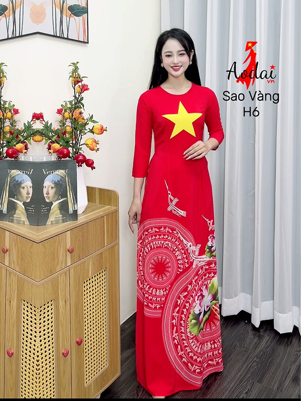 Áo dài Sao vàng H6 cổ tròn tay lỡ in hoa sen trống đồng