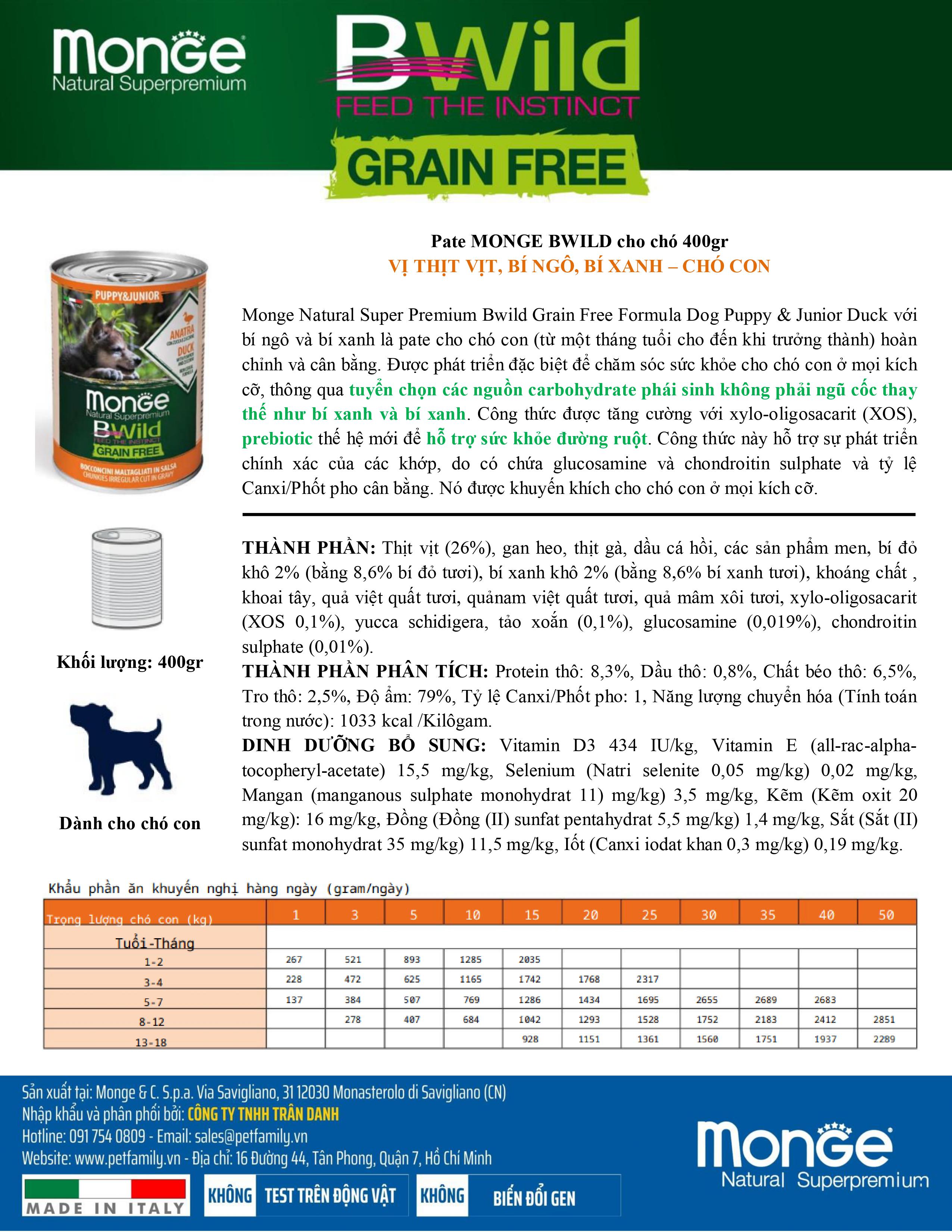 Pate MONGE Bwild cho chó con Grain Free  400gr (Hương vị thịt Vịt, Bí đỏ và Bí Xanh)_thumbnail_4