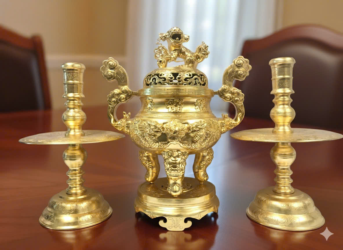 Bộ đỉnh thờ ngũ sự đúc đồng đỏ dát vàng 9999 KT cao 60cm 