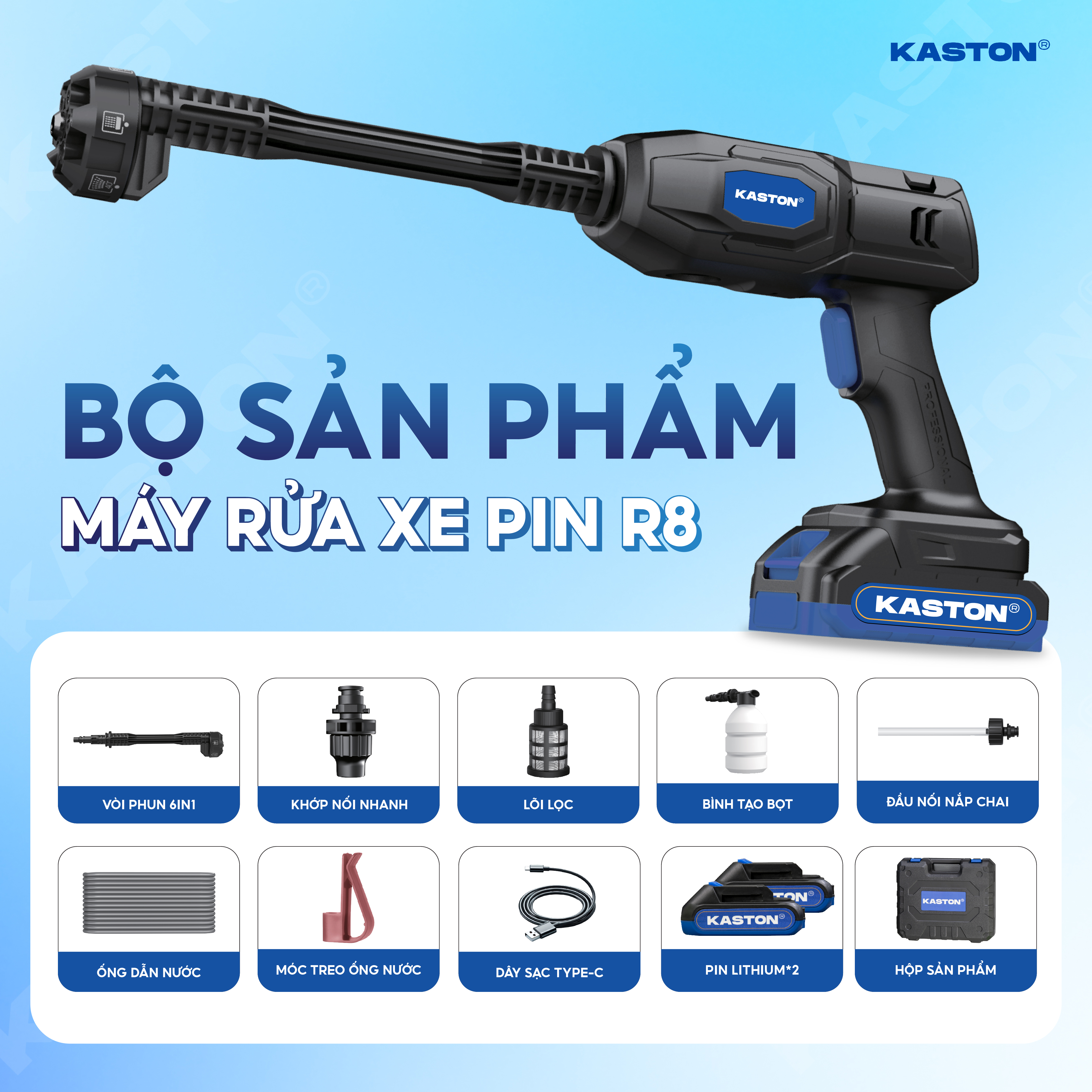 Máy rửa xe pin cao cấp Kaston - R8 - Kèm 2 pin, nhỏ gọn mạnh mẽ - Động cơ công nghệ Đức bền bỉ vượt trội._thumbnail_8