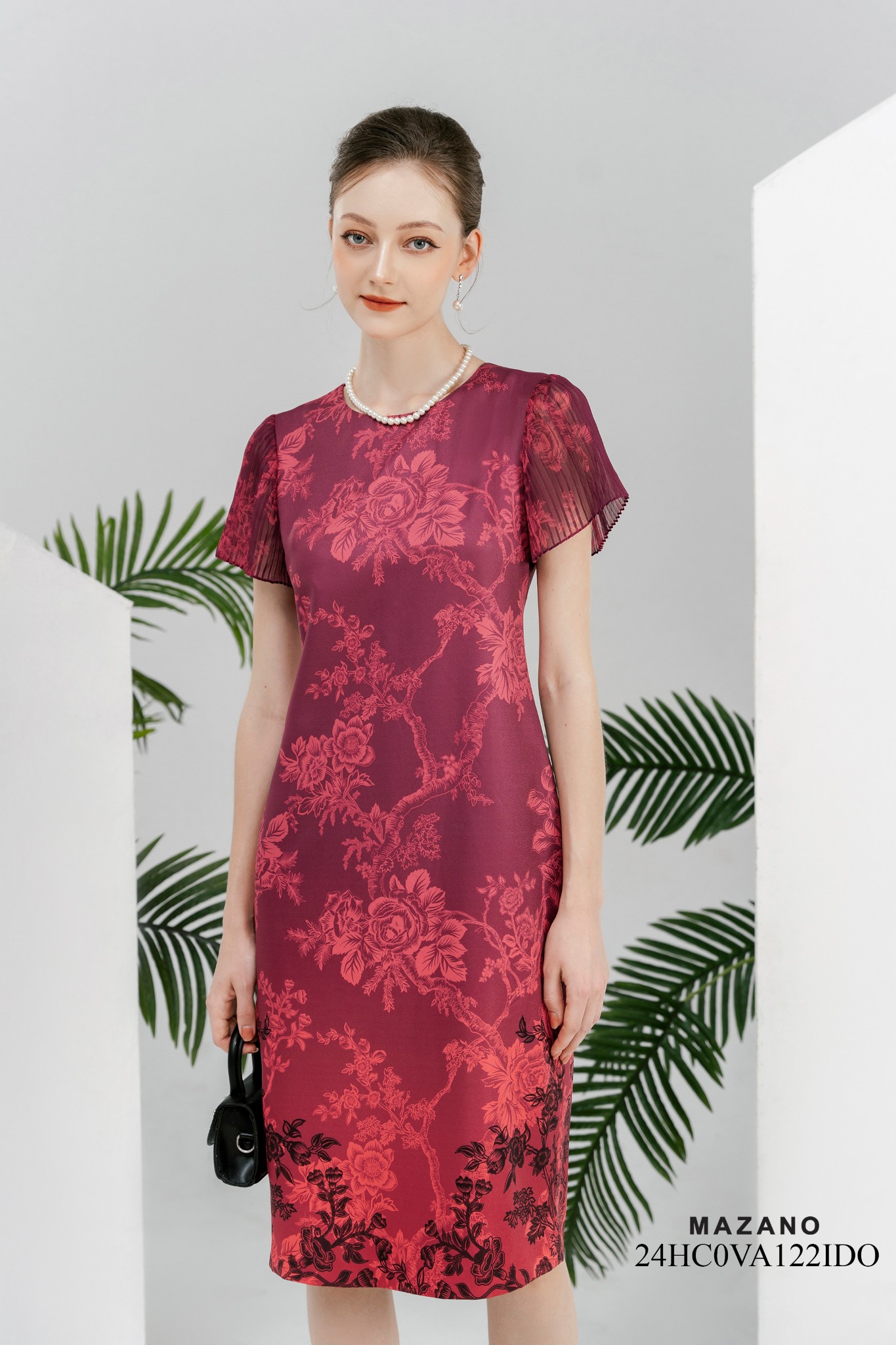 Váy Đầm Suông Vải thô mỏng Hoạ tiết hoa cách điệu in ombre Cổ tròn Tay ngắn Dài qua gối_thumbnail_2