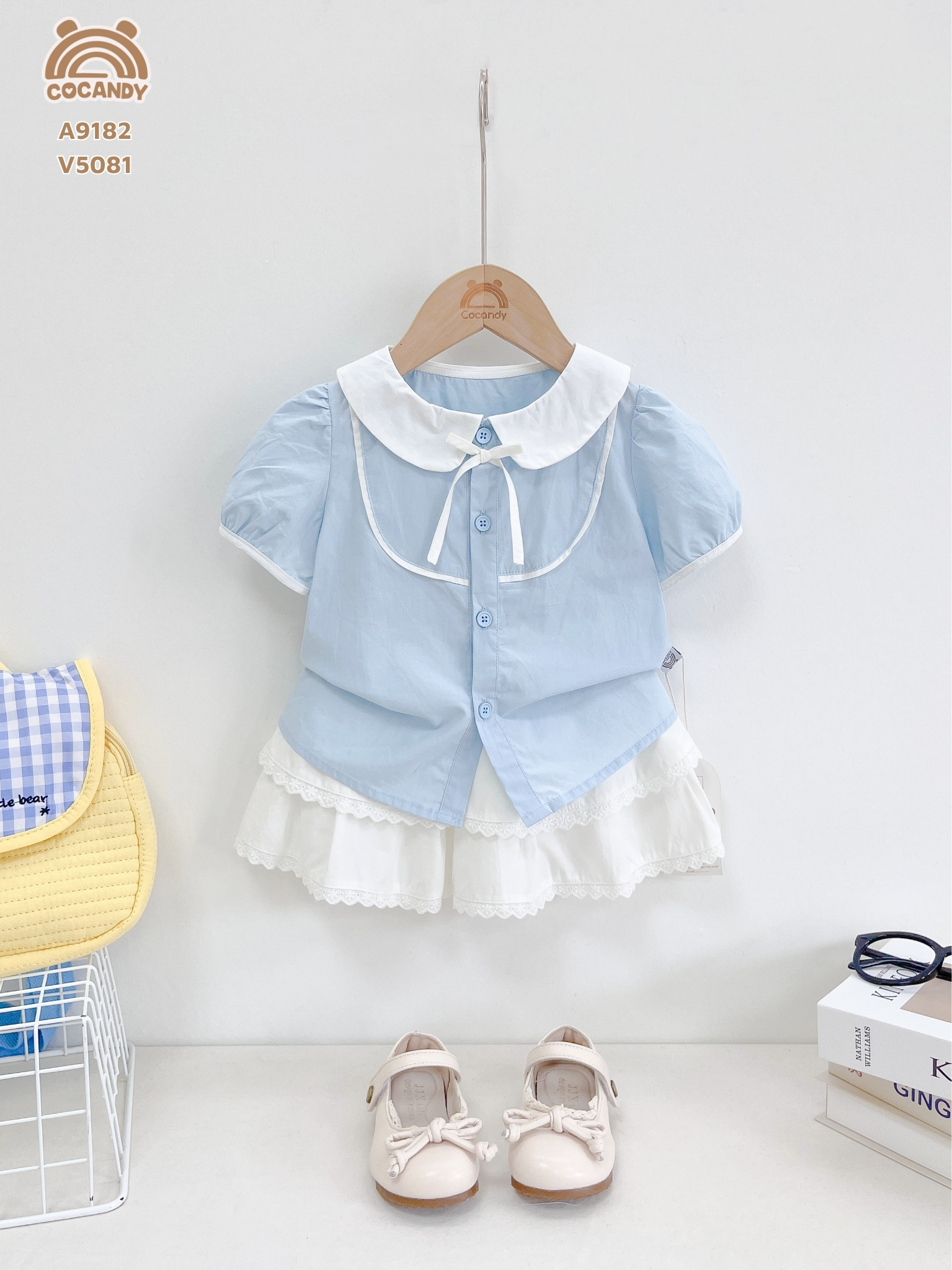 Áo cộc XANH sơ mi viền trắng phối nơ_thumbnail_1