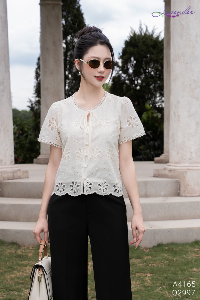 Áo sơ mi tơ thêu hoa tiết hoa tay ngắn  A4165_thumbnail_4