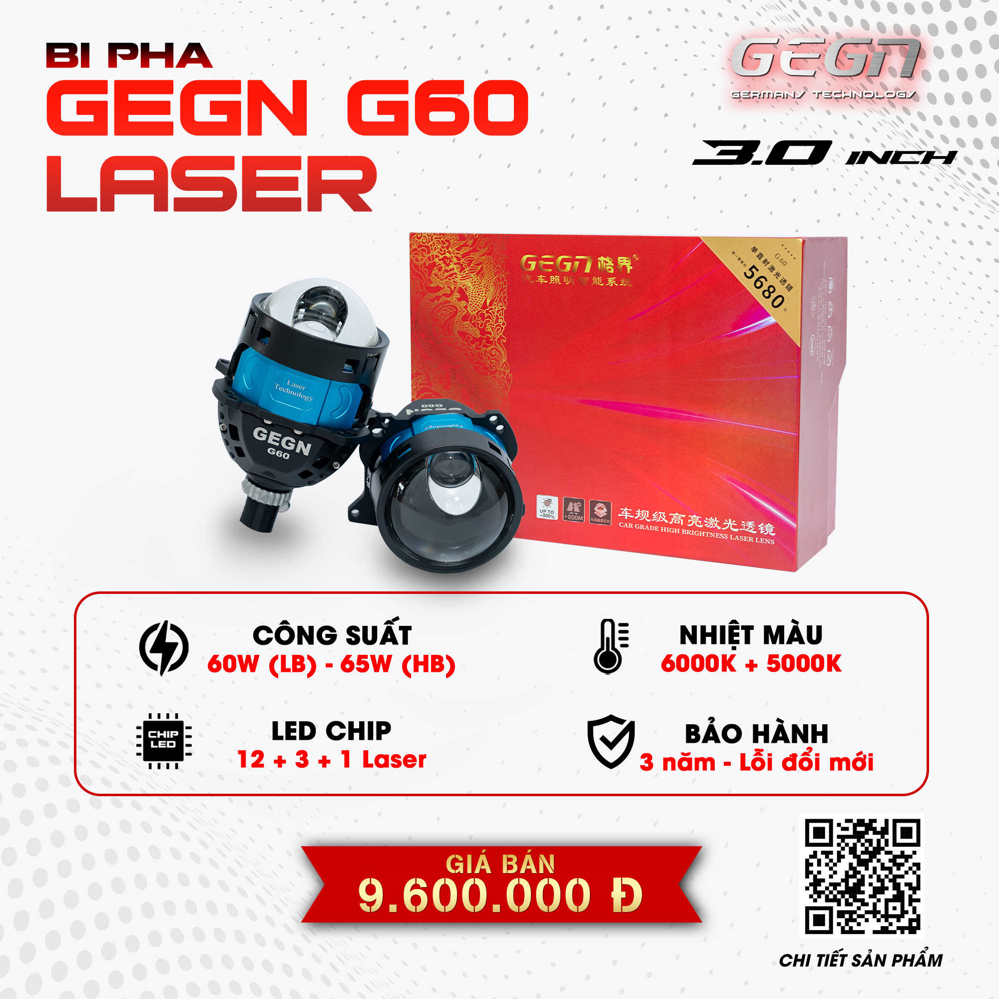 GEGN G60 Đèn bi led Laser chân xoáy bắt zin