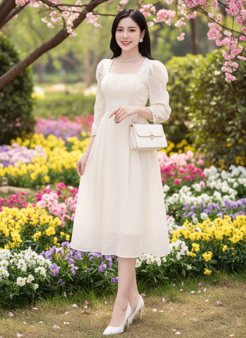 Đầm midi tay dài cổ U phối ren ngực_thumbnail_6