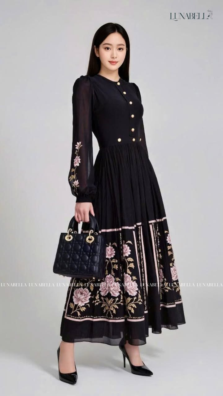 ĐẦM dài TRYPHENA họa tiết in màu ĐEN