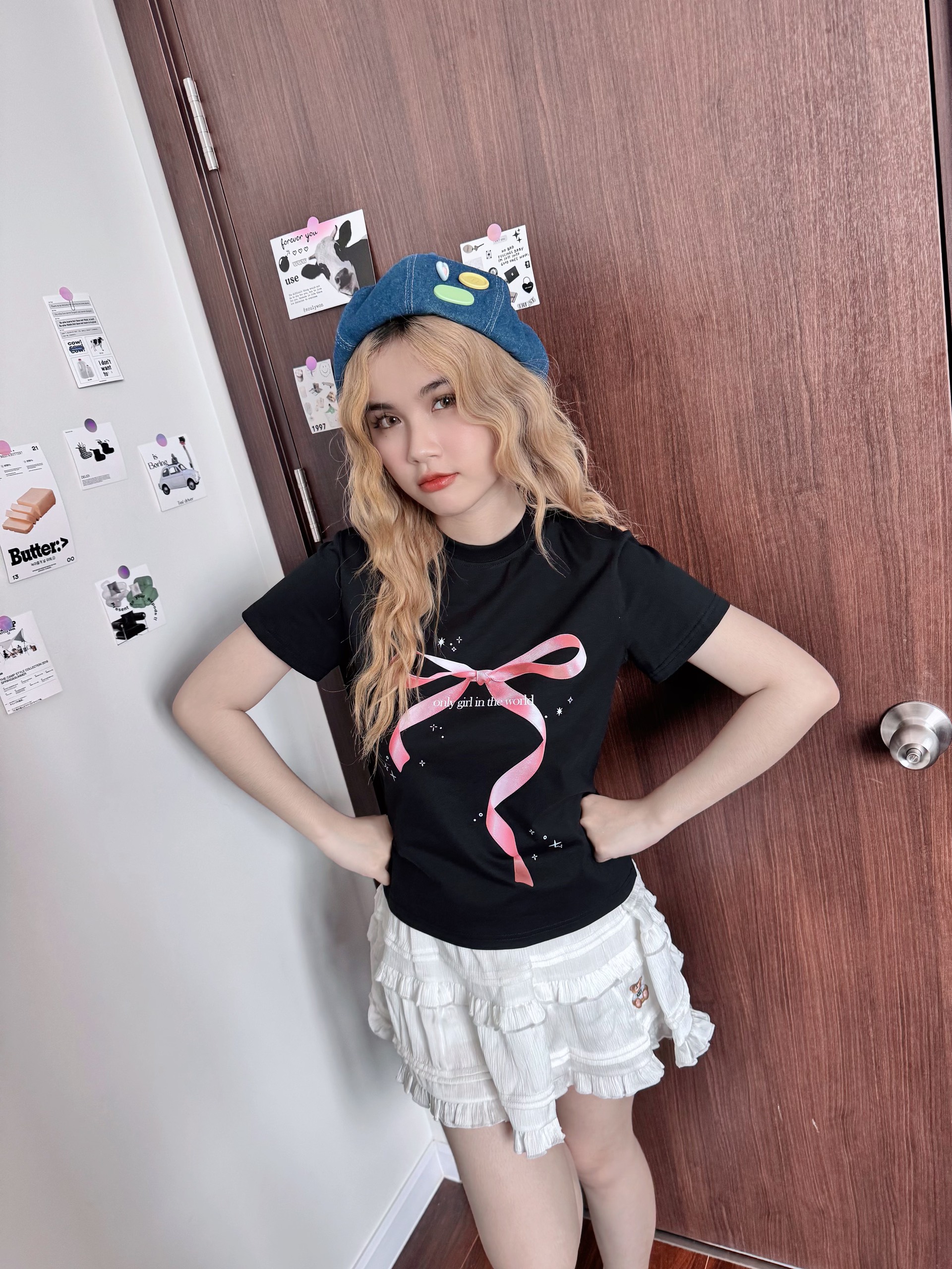 Áo thun baby tee hình nơ form ôm xinh xắn ABD849 Miucho tay ngắn vải Cotton Cổ tròn hotrend in basic_thumbnail_2