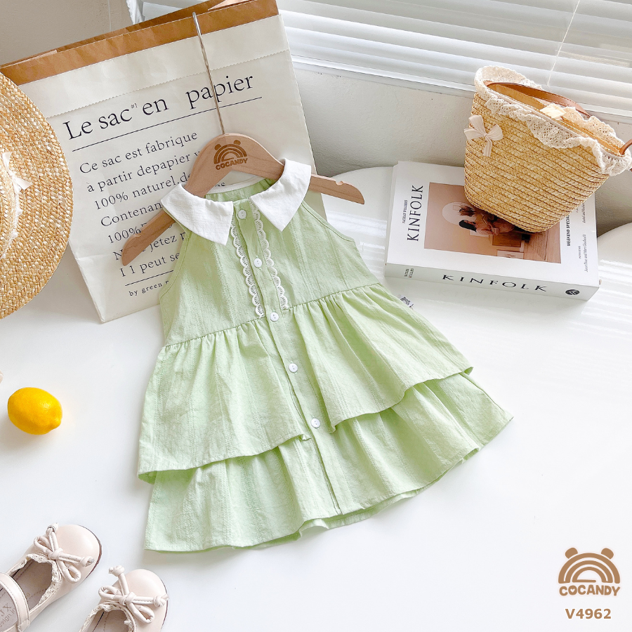 Váy cộc XANH CỐM sát nách cổ bẻ 2 tầng