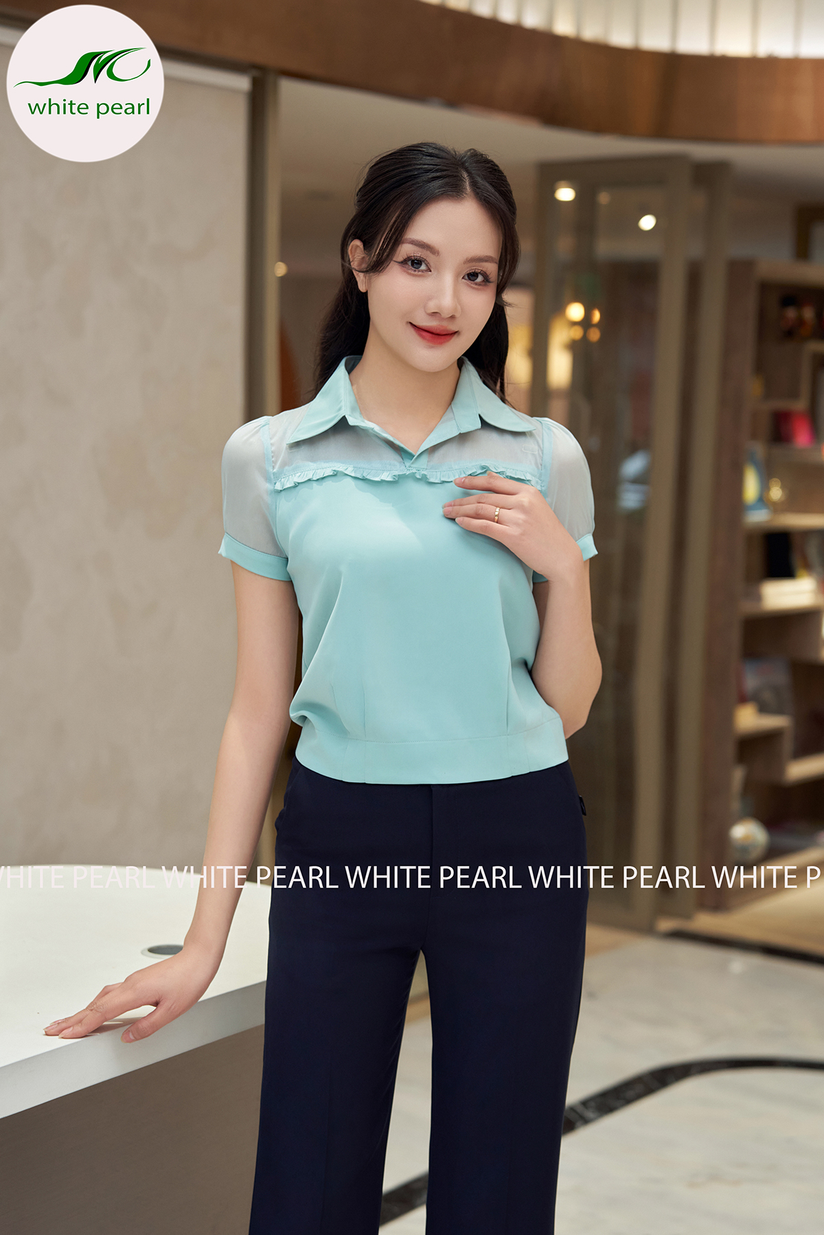 Sơ mi bo gấu nữ cổ đức kết hợp cổ voan thời trang công sở cao cấp White Pearl_thumbnail_4