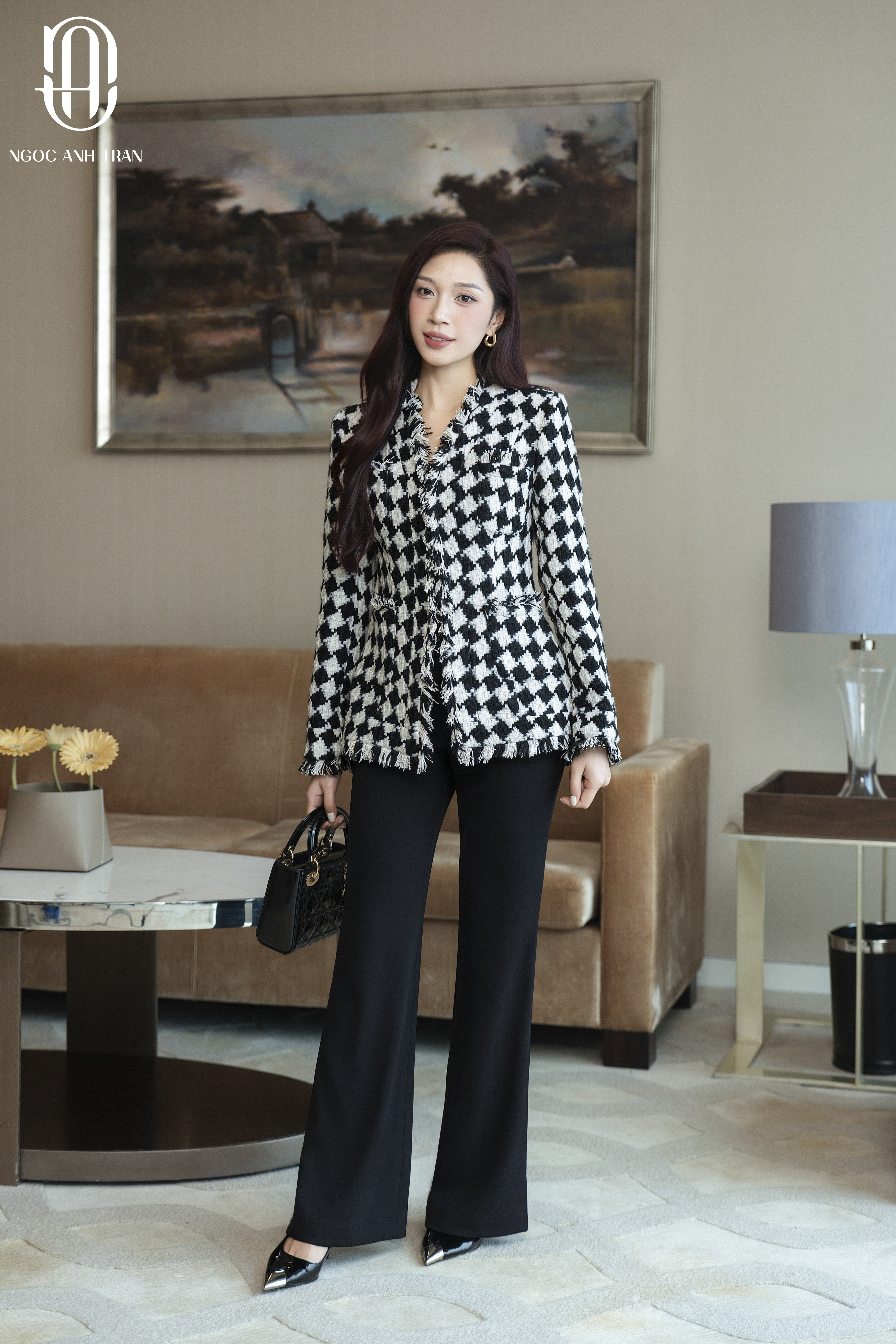 A254 - Áo khoác dạ kẻ ô đan chéo đen trắng