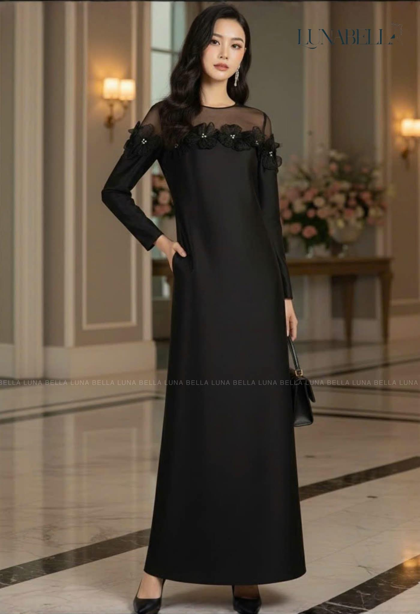 Đầm liền dài tay dáng dài HELENA màu ĐEN