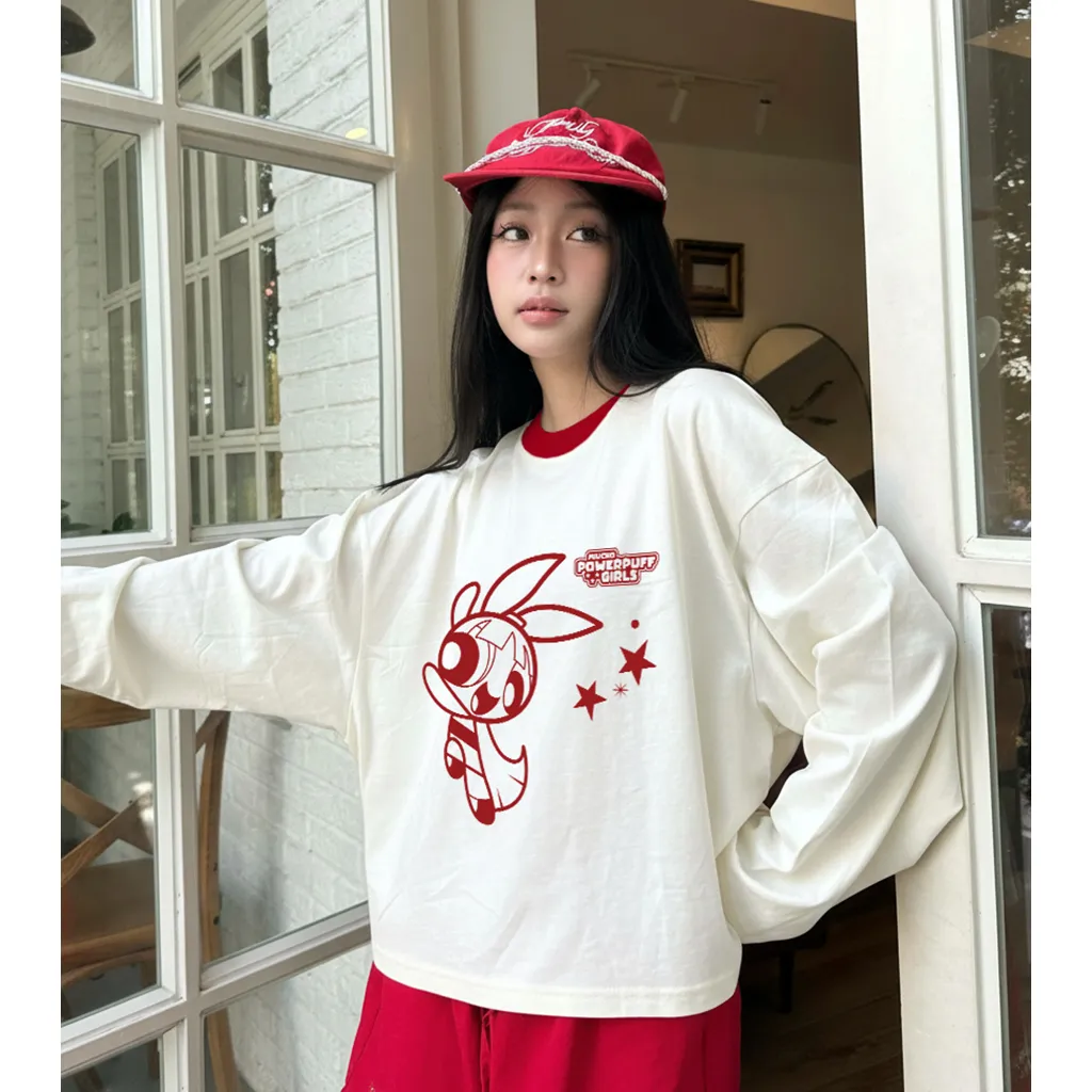 Áo thun boxy tay dài Miucho chất vải thoáng mát giữ form Powerpuff Girl be phối đỏ 2816_thumbnail_4