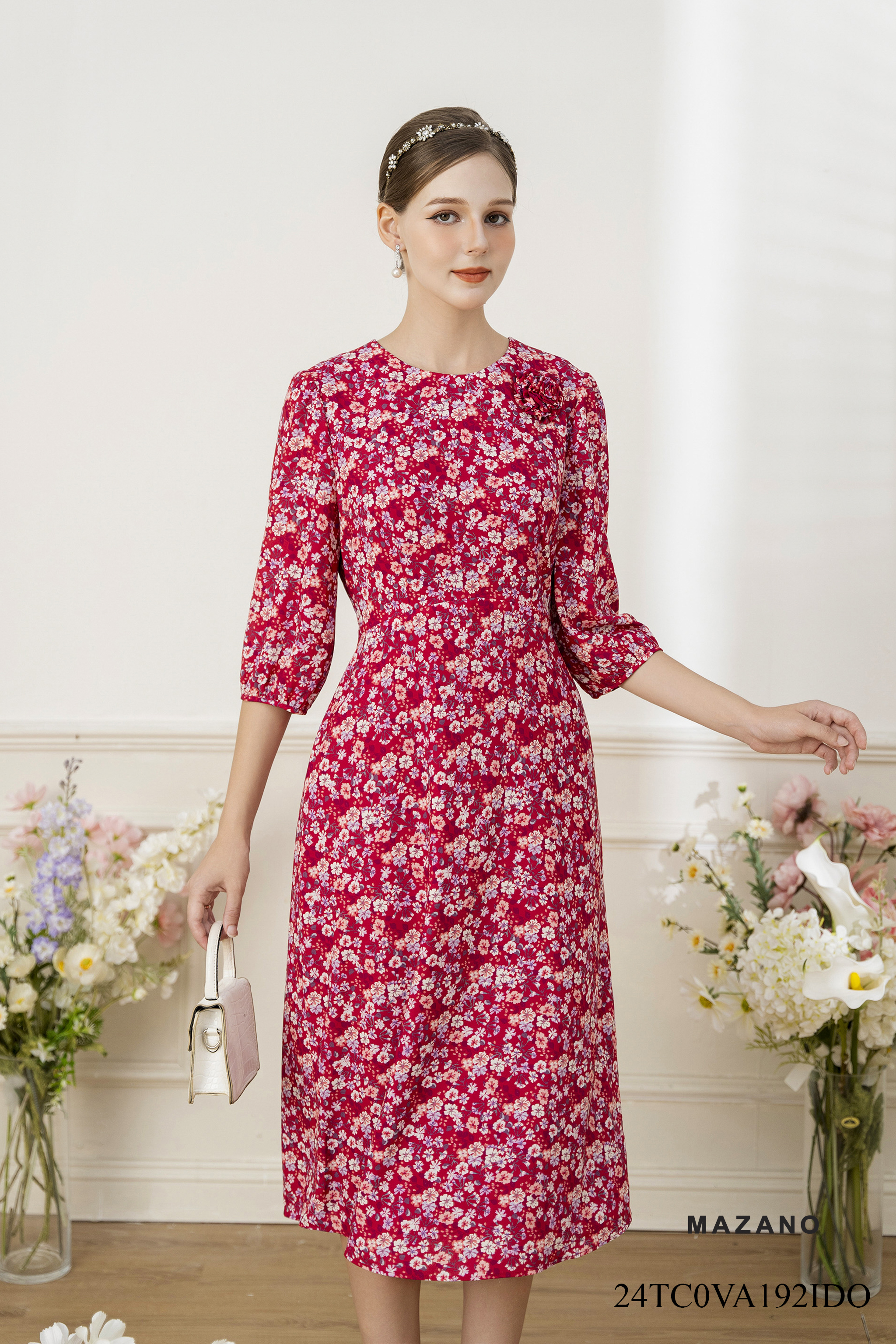 Váy Đầm ôm Chân rủ Vải voan Hoạ tiết hoa cách điệu Cổ tròn tay lỡ Dài qua bắp chân  192IDO_thumbnail_3