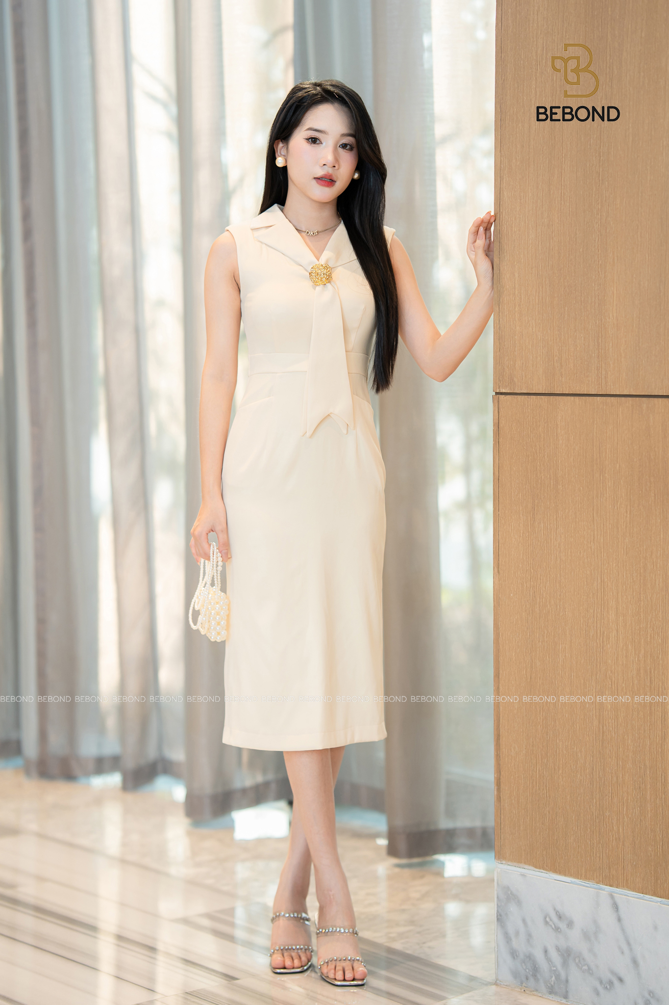 Đầm tay hến cổ cách điệu CADY màu BE