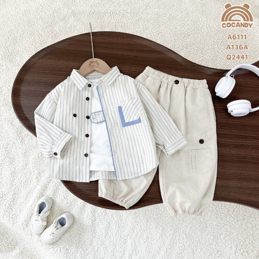 Áo dài sơ mi BE kẻ sọc túi ngực phối XDƯƠNG_thumbnail_3