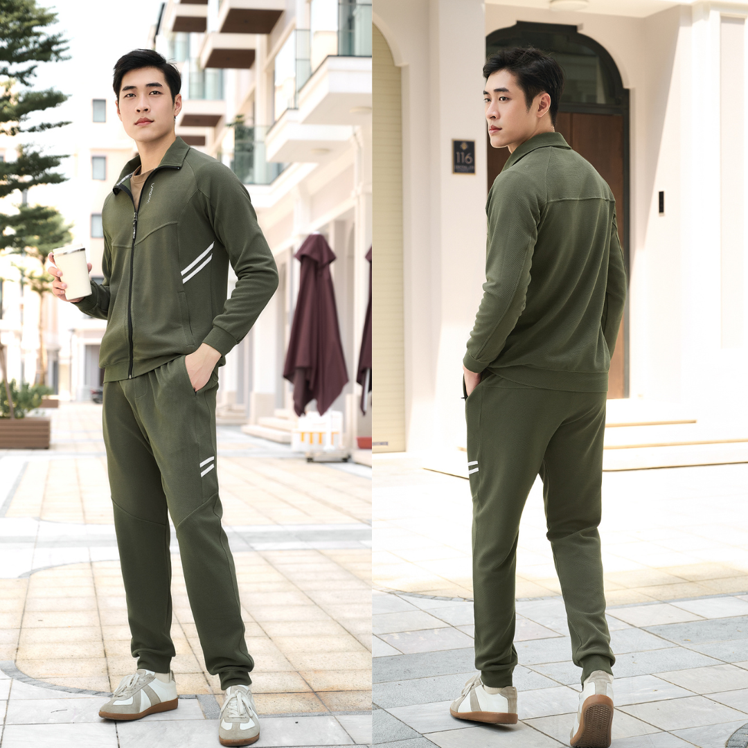 Bộ Nỉ Nam Khóa Kéo Sọc Đôi Màu Xanh Rêu