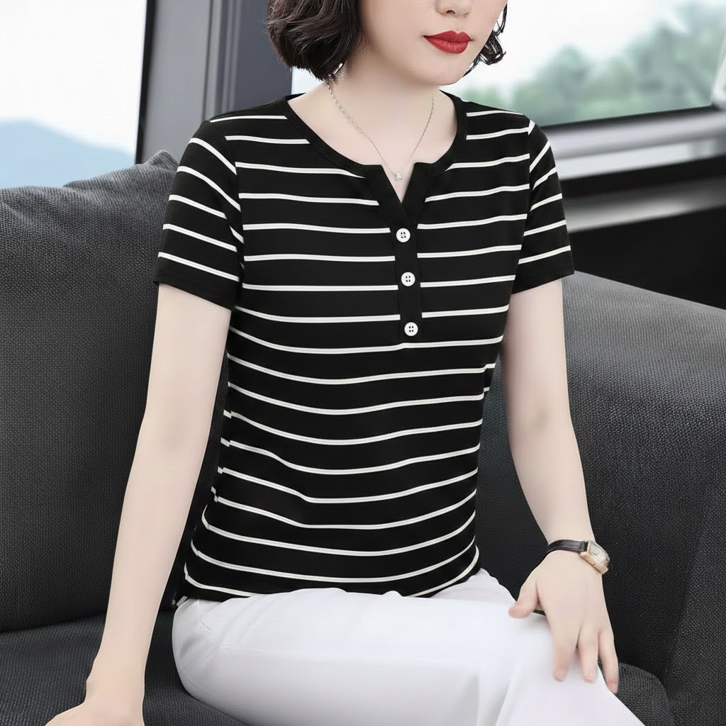 ATF007-Áo Thun Kẻ Cổ Xẻ Phối Cúc_thumbnail_2