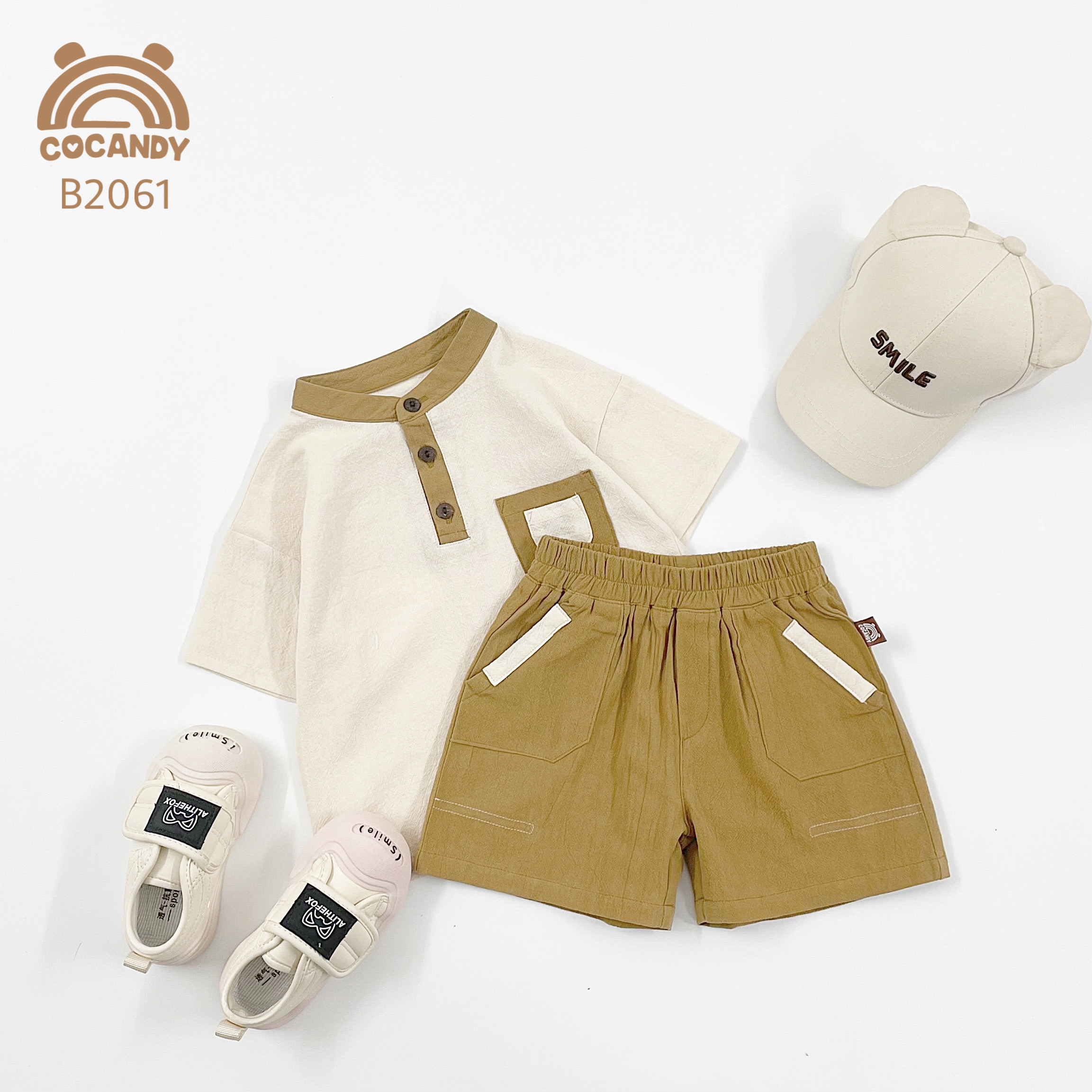 Bộ cộc áo BE quần NÂU cổ tròn_thumbnail_2