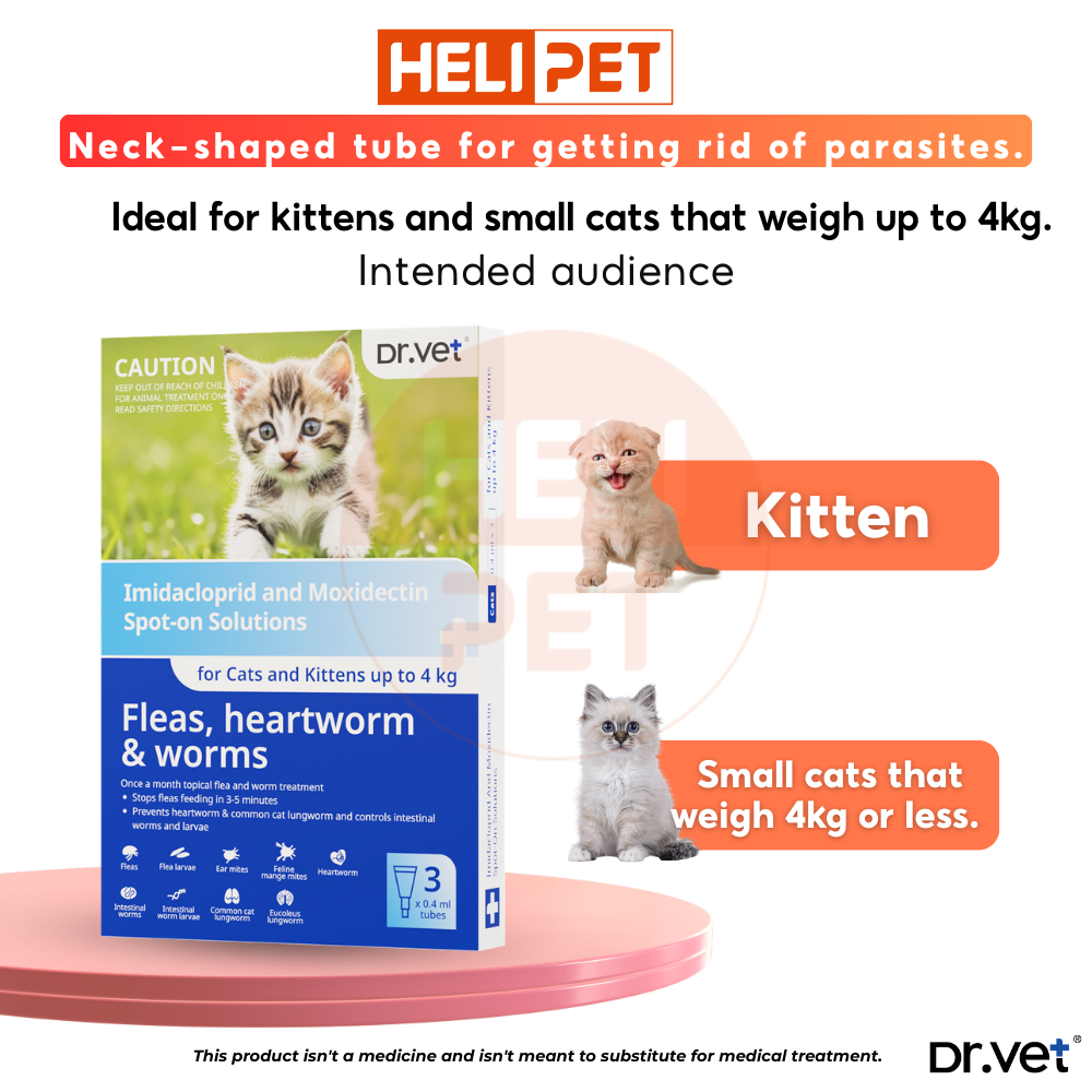 DR.VET flea, tick, and worm treatment drops for cats.