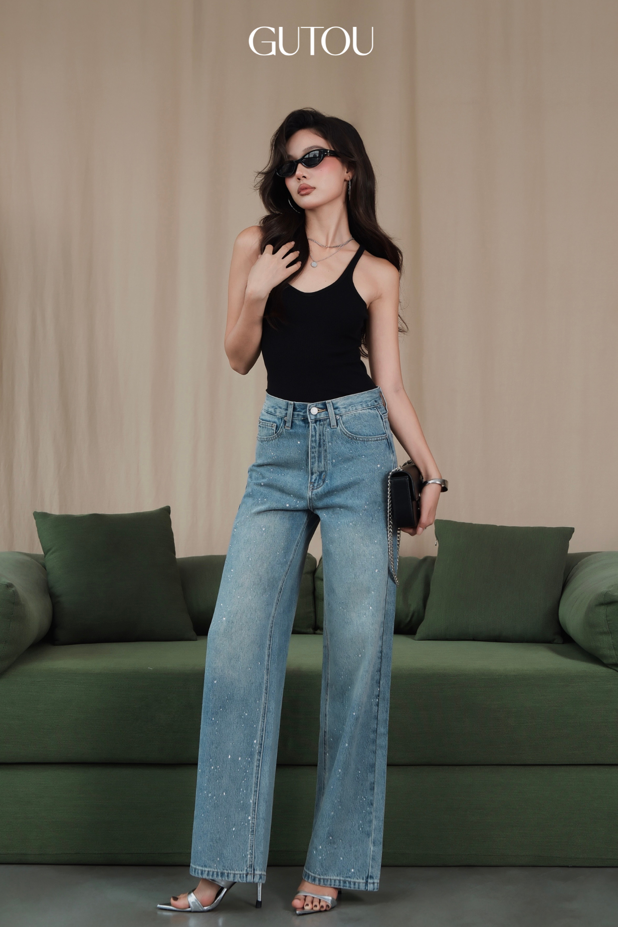 [ GUTOU ] Quần Suông Đính Đá Crystal Jeans