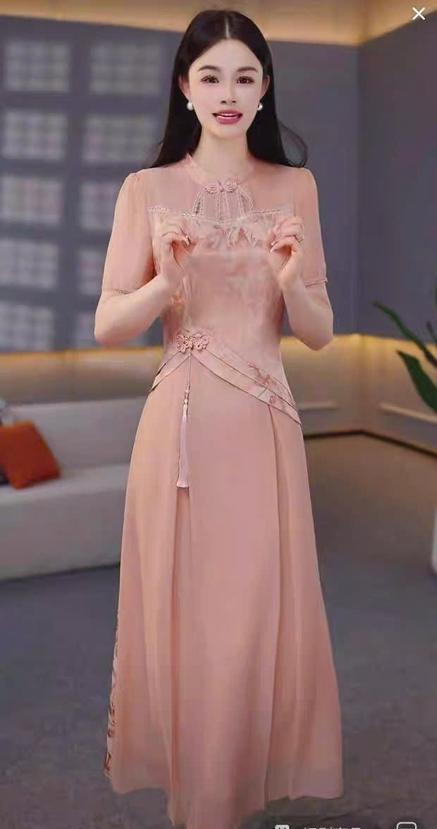 17811-Đầm xòe A lụa phối voan màu hồng cam ( lụa,  voan,lót)_thumbnail_1