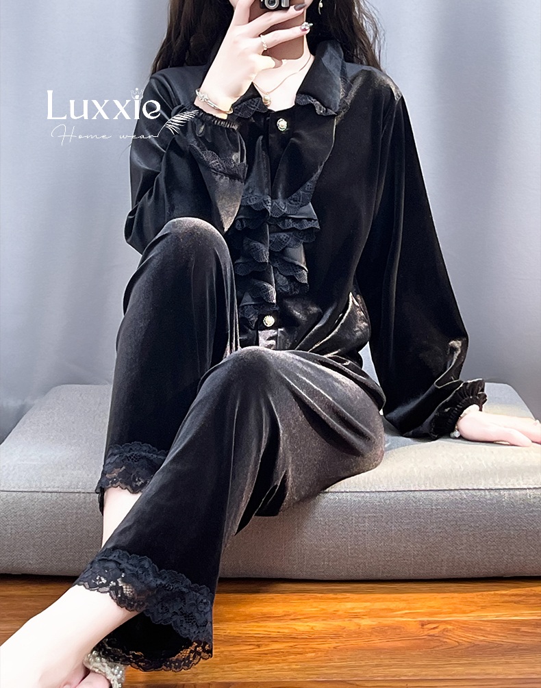 NHUNG35 Bộ ngủ nhung cổ bèo tầng