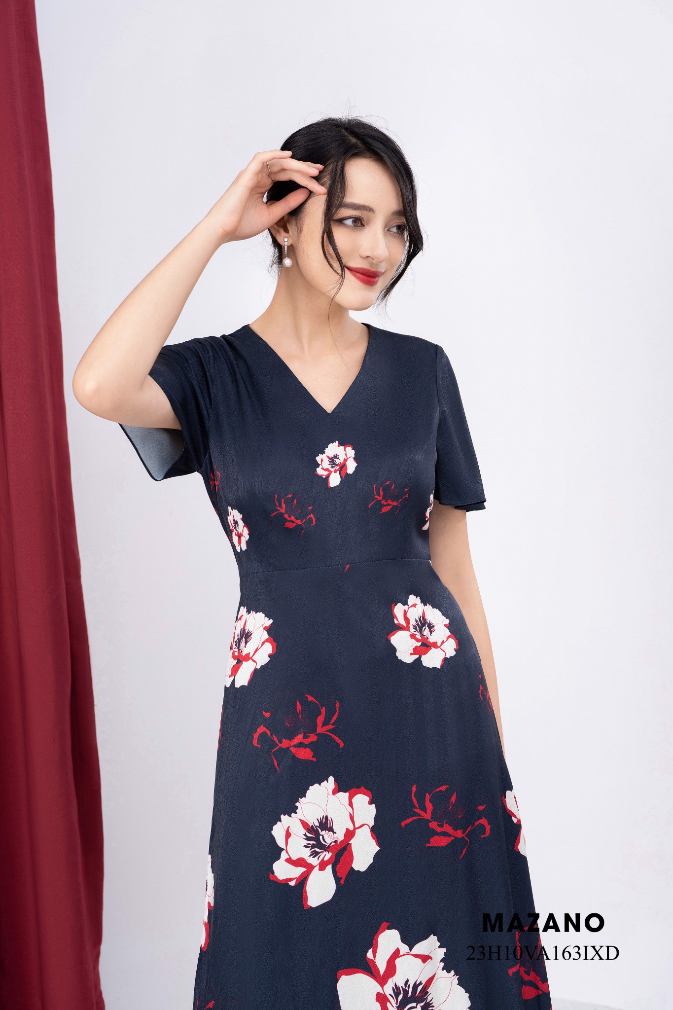 Đầm lụa xanh thẫm dáng xòe in hoa phù dung_thumbnail_3