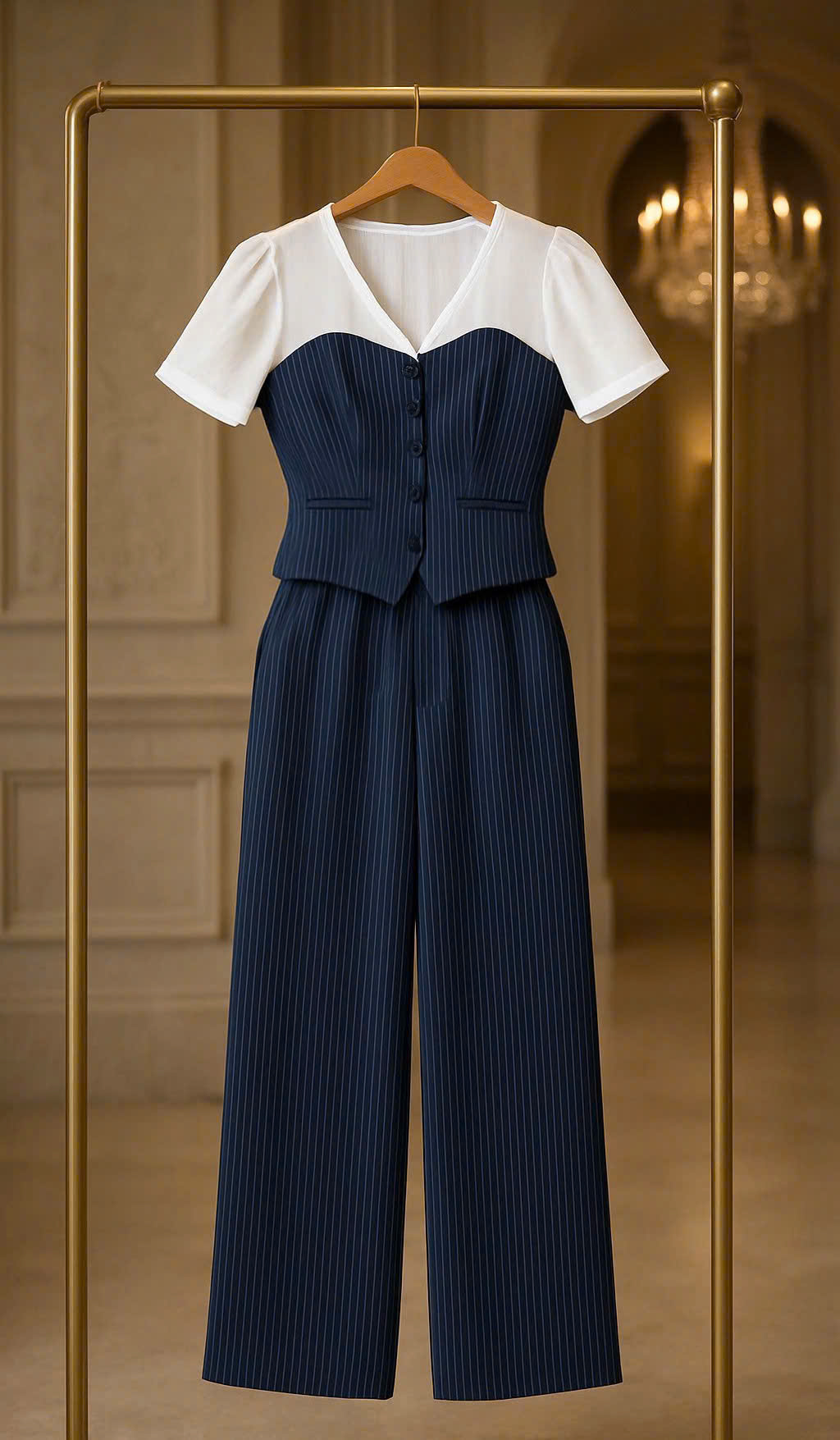 Set bộ đồ áo cổ V phối sọc phong cách_thumbnail_6