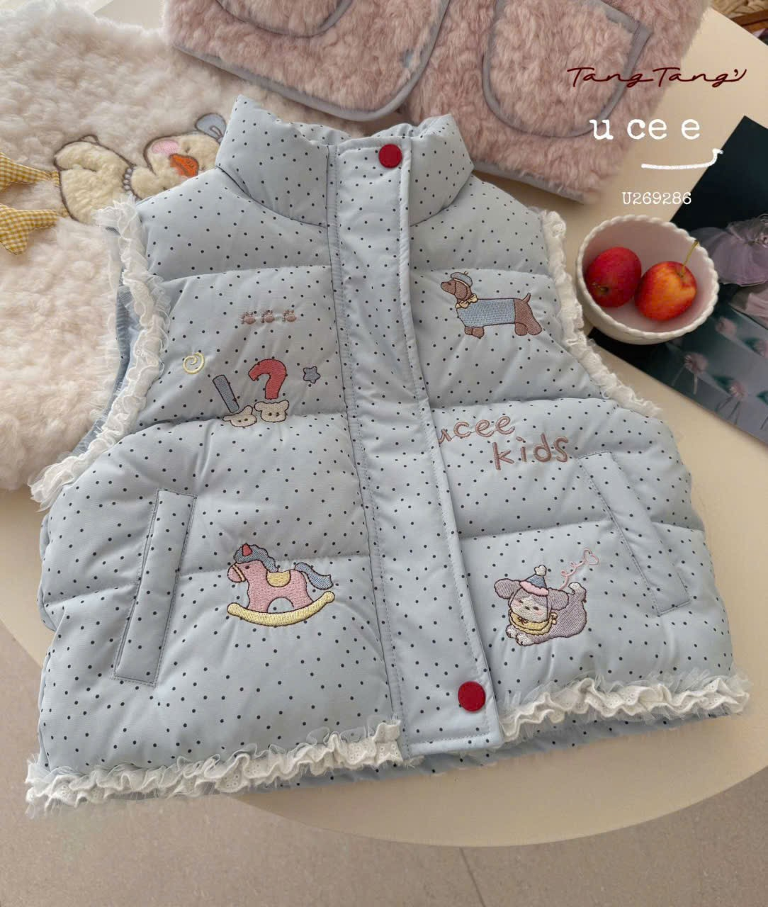 (M137) Áo khoác gile phao chần bông chấm bi màu xanh