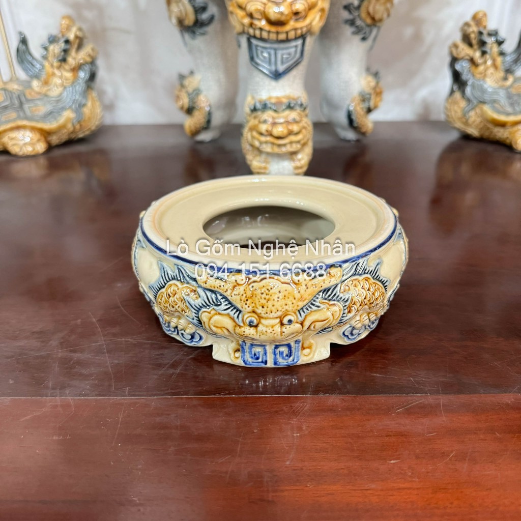 Đồ Thờ Cúng Bát Hương Hoàng Thổ - Lư Hương Đắp Nổi Hoạ tiết Sen - Rồng - Nghệ Nhân Bát Tràng Cao Cấp_thumbnail_2