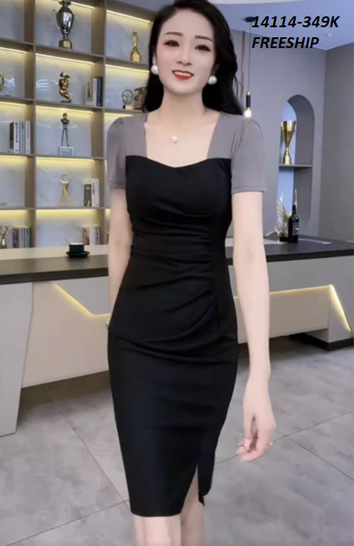 14114-Đầm body tay ngắn cổ vuông thân xếp nhún (thun poly,tơ nhung)FREESHIP_thumbnail_1