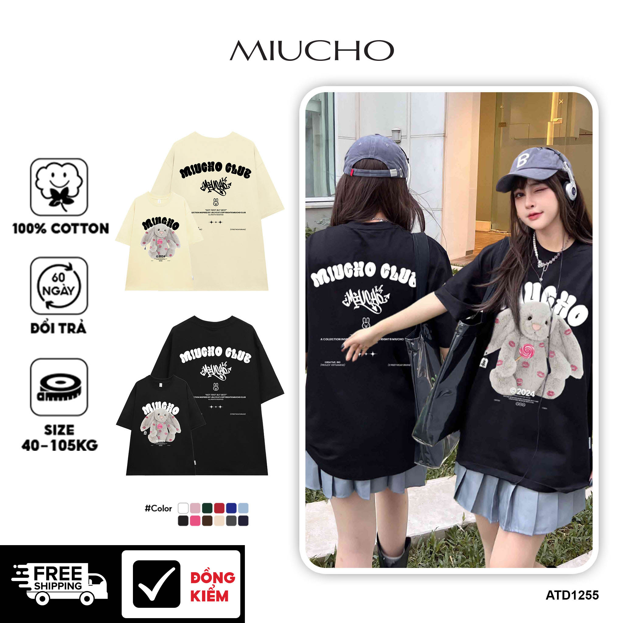 Áo thun thỏ Bunny form rộng local brand ATD1255 Miucho tay ngắn cổ tròn in mix