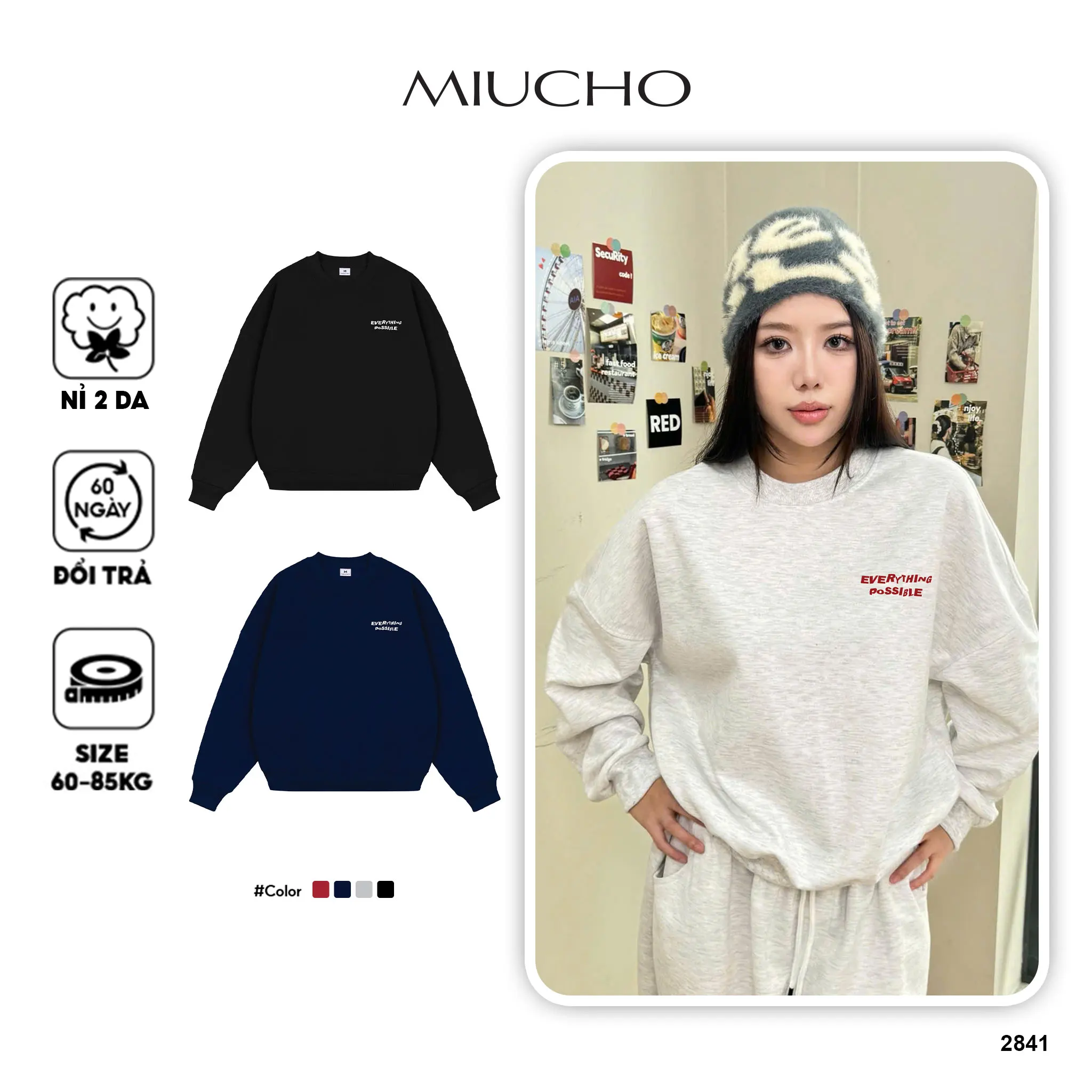 Áo Sweater form boxy local brand Miucho nỉ 2 da thoáng mát thấm hút tốt cổ tròn in basic 2841