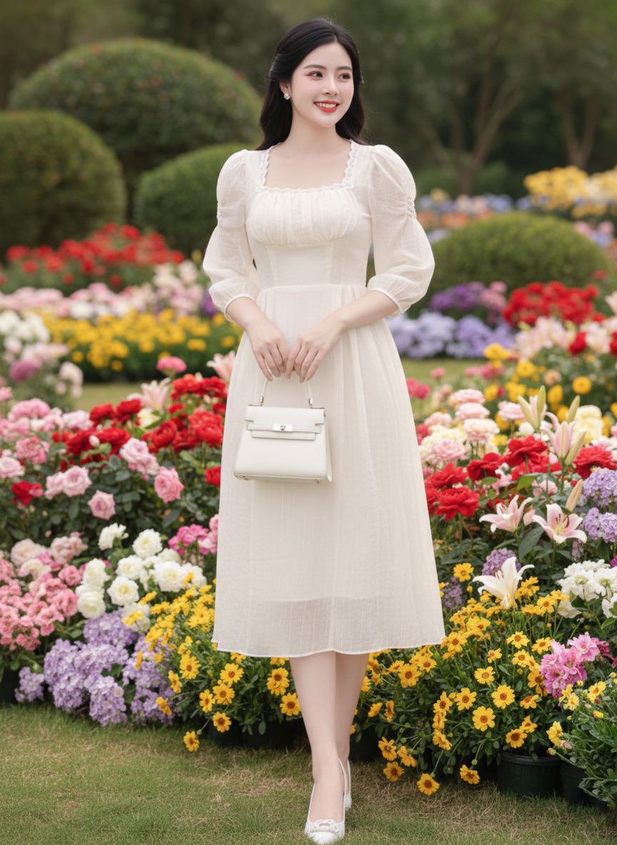 Đầm midi tay dài cổ U phối ren ngực_thumbnail_2