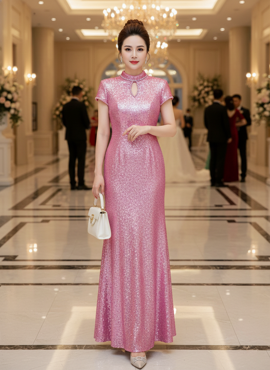 Đầm dự tiệc dạ hội kim sa phối ren lưng sang trọng