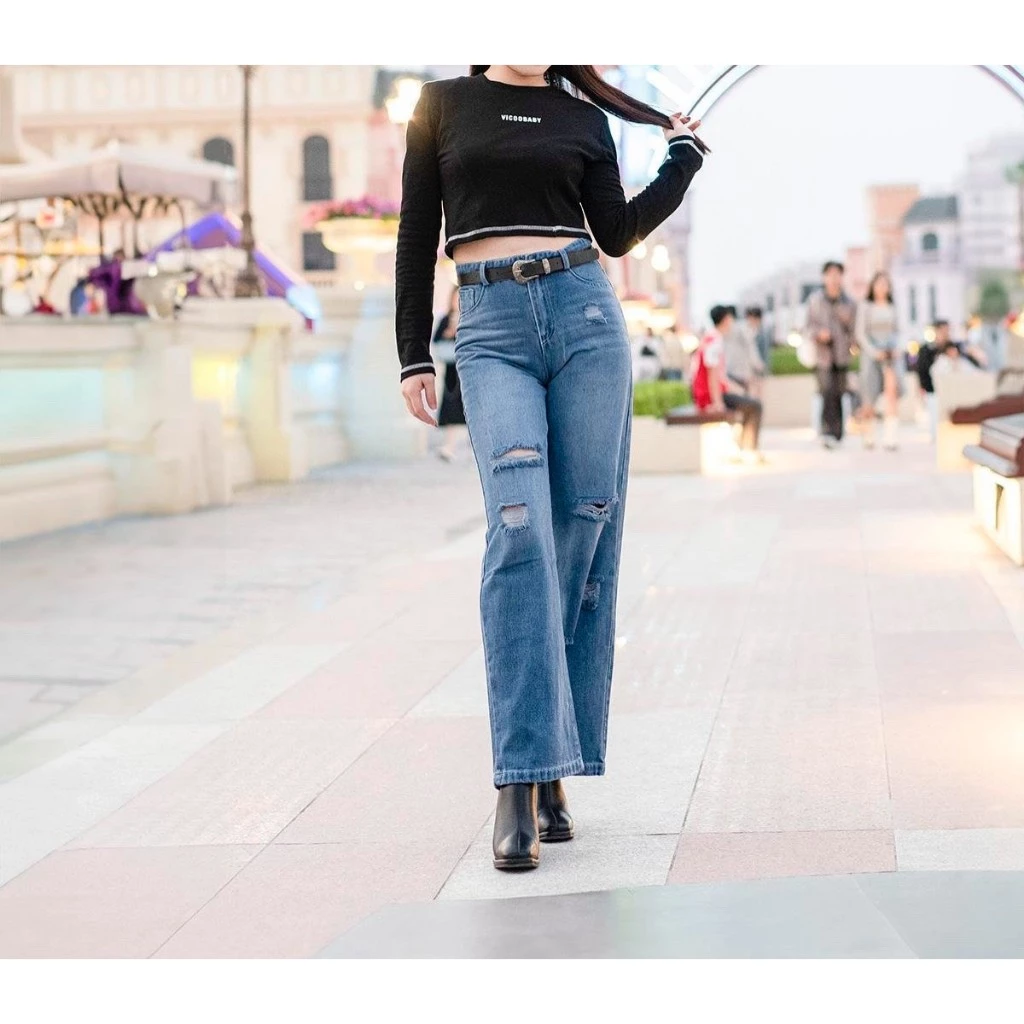 Quần Jean Nữ Ống Rộng quần bò xuông thời trang Cạp Cao