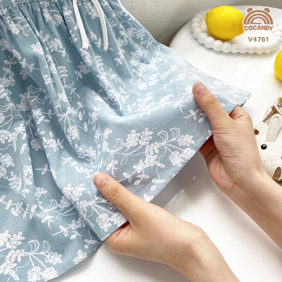 Váy hoa XANH TRẮNG cổ sen phối ren 2 nơ eo_thumbnail_3