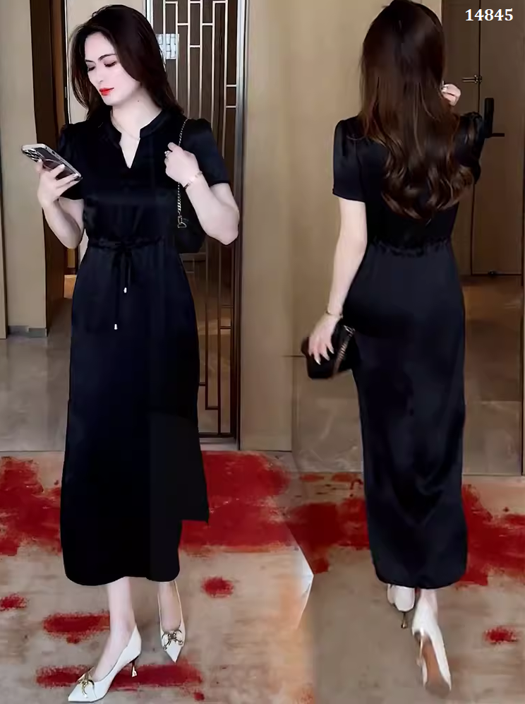 14845-Đầm  lụa suông cổ tàu eo rút dây cách điệu (lụa latin)_thumbnail_1