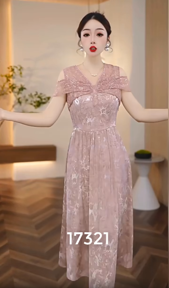 17321-Đầm lụa  xòe khoét vai  phối ren ( lụa, ren lưới)_thumbnail_0