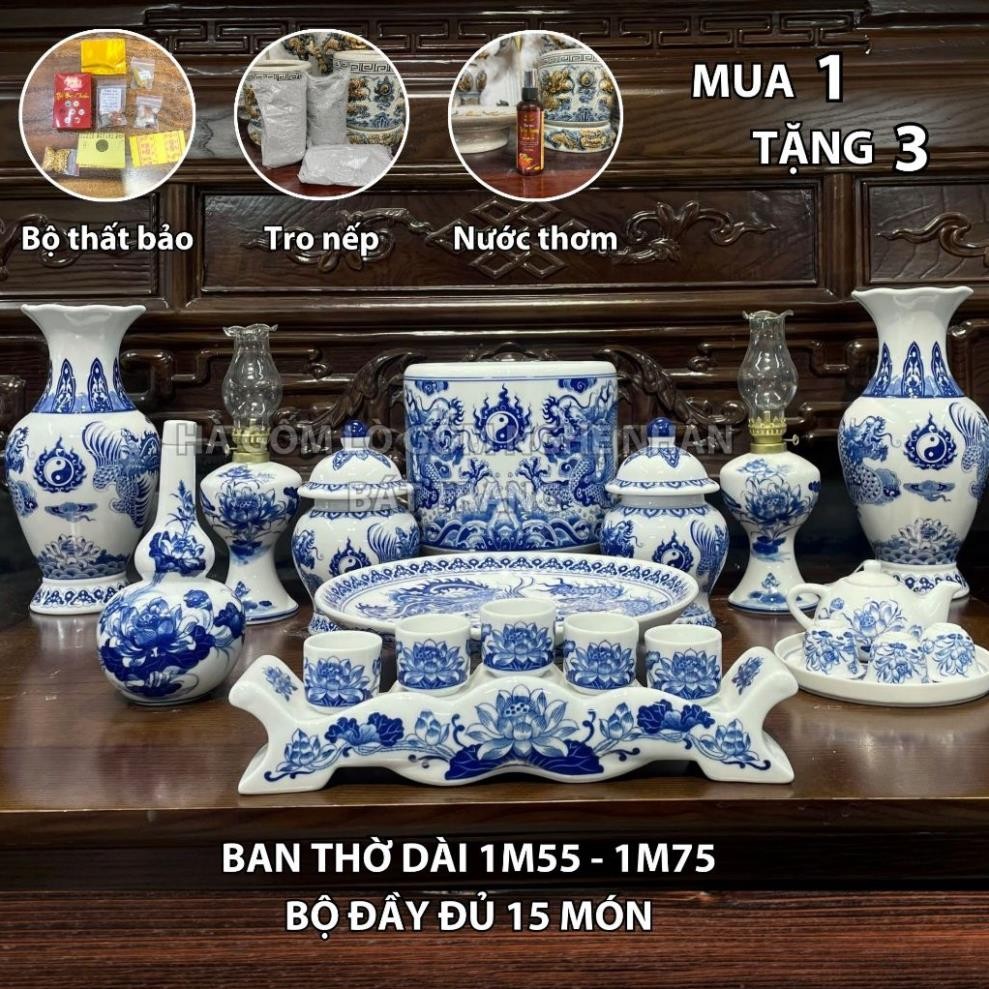 HG022 Đồ Thờ Cúng Bộ 15 món ban thờ 1M55 - 1M75 Men trắng nghệ nhân Bát Tràng chế tác TẶNG Thất Bảo, Tro Nếp