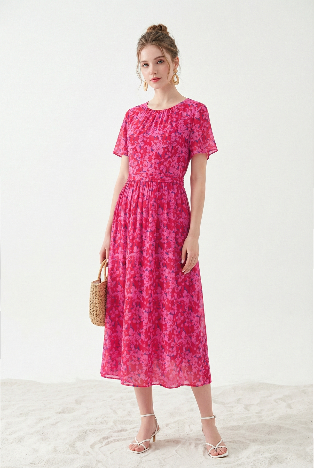 Đầm vải voan dày in hoa đỏ hồng dáng ôm chân rủ cổ tròn tay ngắn thiết kế MAZANO_thumbnail_1