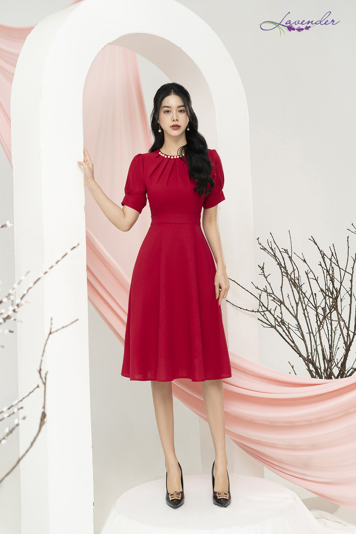 Đầm công sở dáng xòe đỏ cổ tròn đính ngọc D2999_thumbnail_1