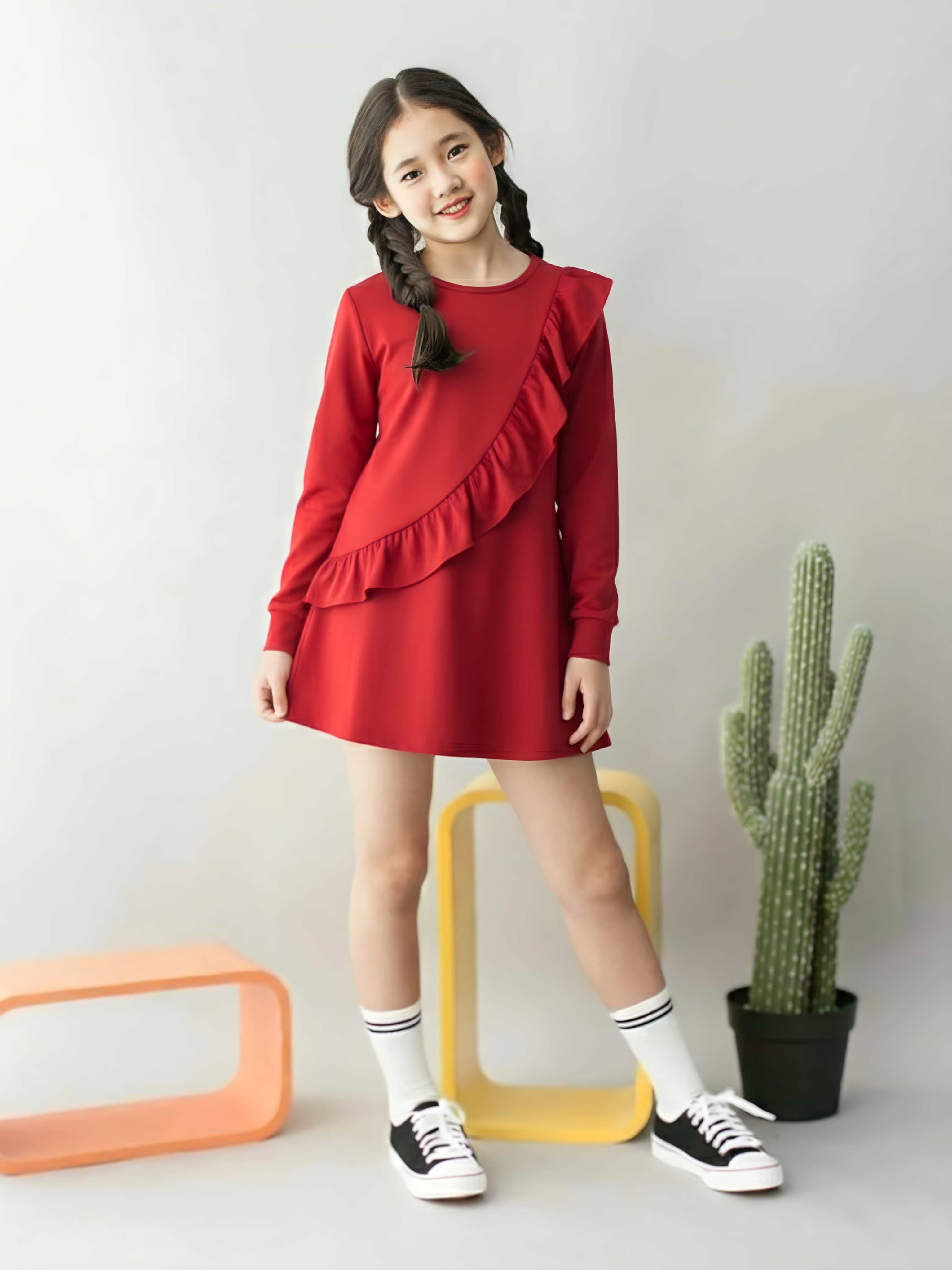 Váy dài tay bèo chéo xanh đỏ