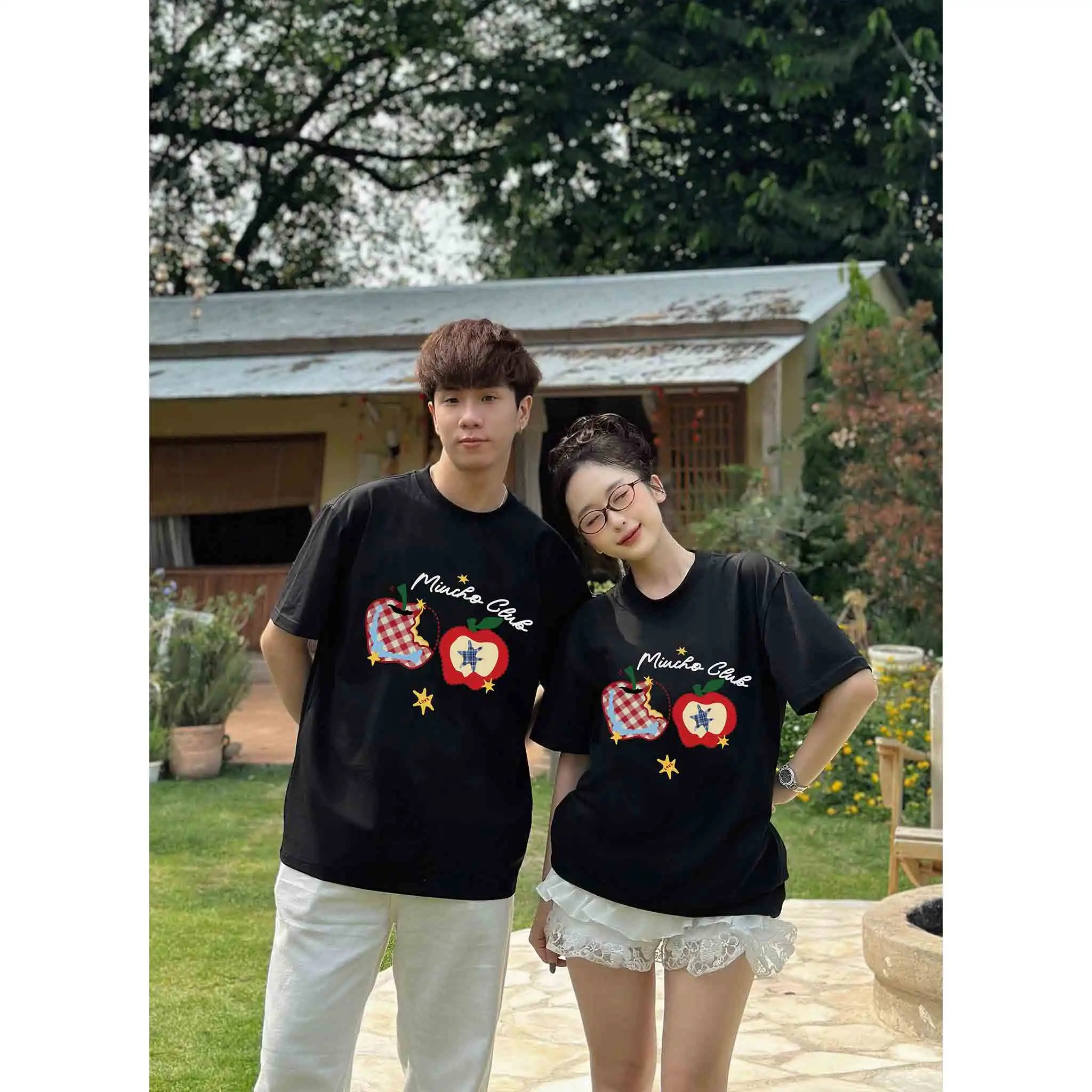 Áo thun couple form oversize Miucho vải cotton mềm mại dày dặn hình quả táo in mix 2783_thumbnail_7