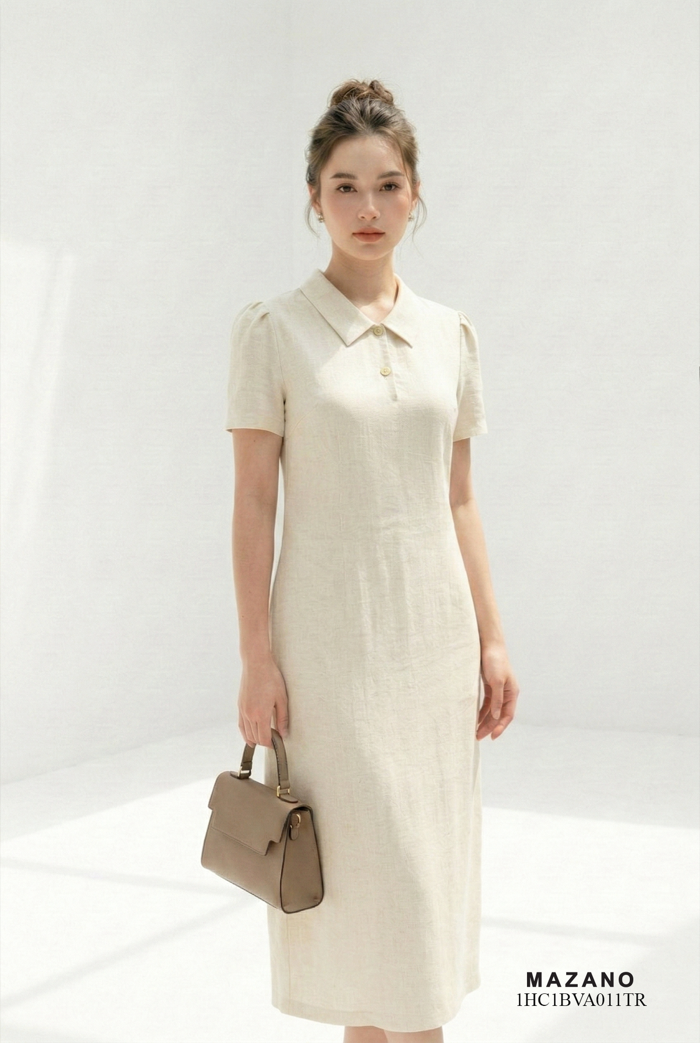 Đầm vải thô pha linen trắng kem dáng suông cổ sơ mi tay ngắn thiết kế MAZANO 1HC1BVA011TR