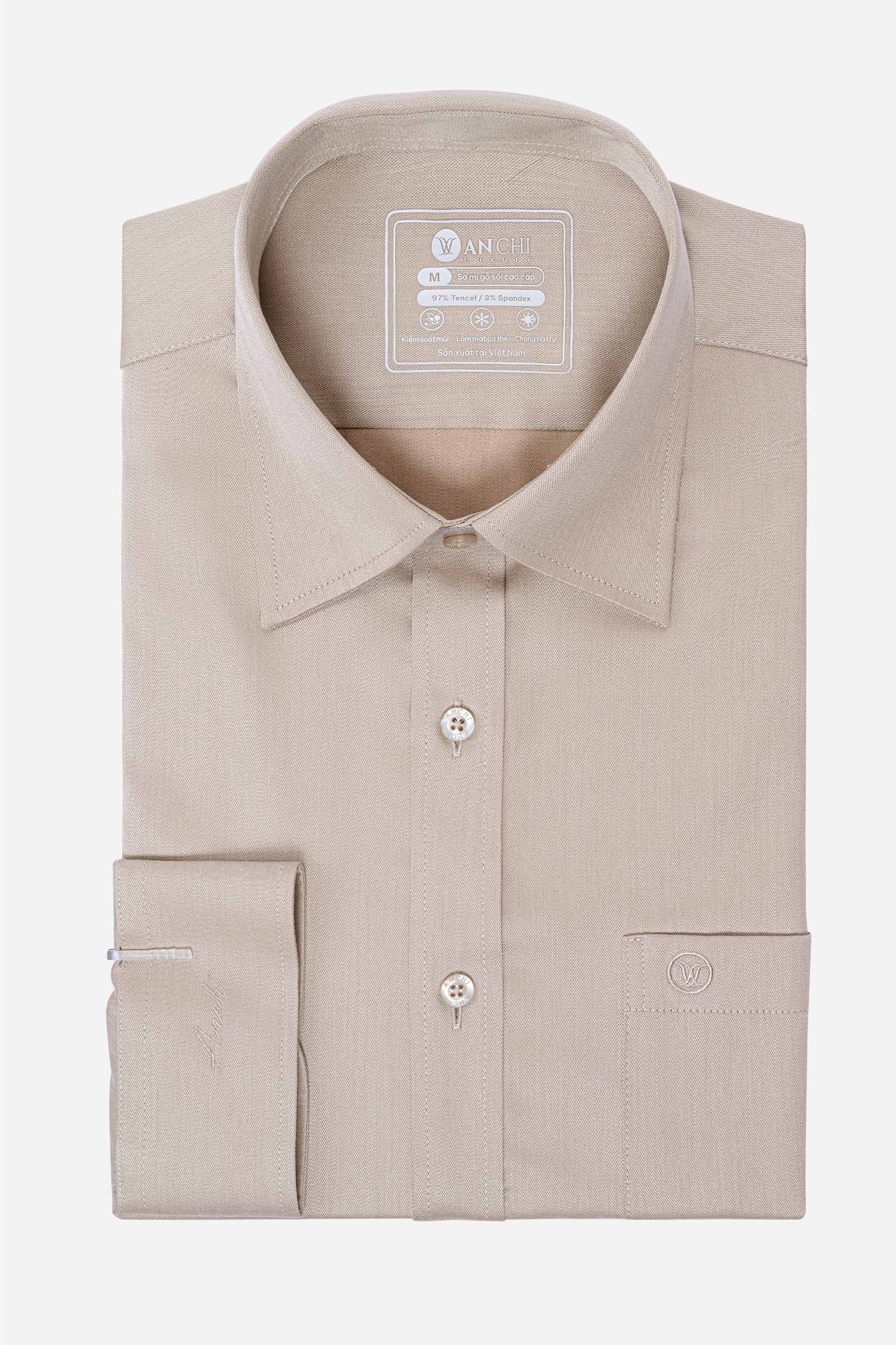 Sơ Mi Trơn Dài Tay Nam Trung Niên ANCHI Chất Liệu Sợi Sồi Cao Cấp Màu Be